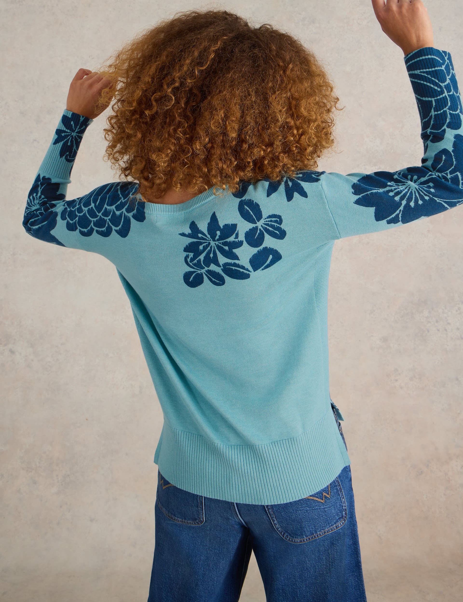 White Stuff Women's Cotton Rich Floral Crew Neck Jumper - 10 - Blue Mix, Blue Mix