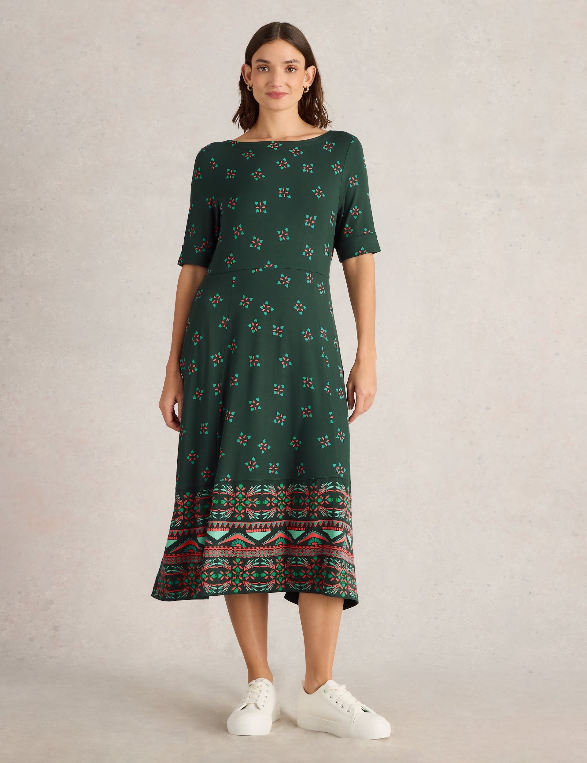 White Stuff Women's Jersey Printed Round Neck Midi Tea Dress - 12REG - Green Mix, Green Mix