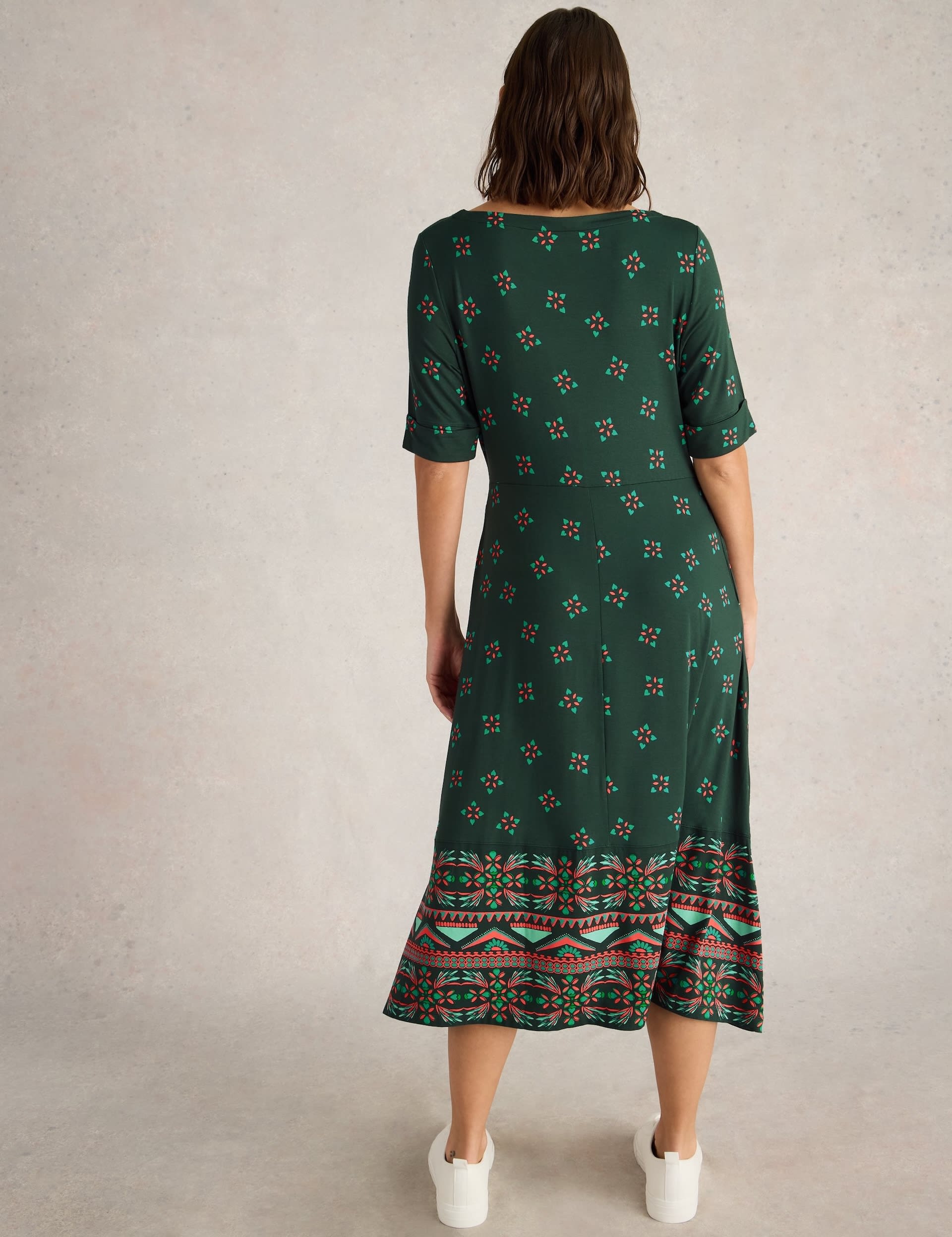 White Stuff Women's Jersey Printed Round Neck Midi Tea Dress - 12REG - Green Mix, Green Mix