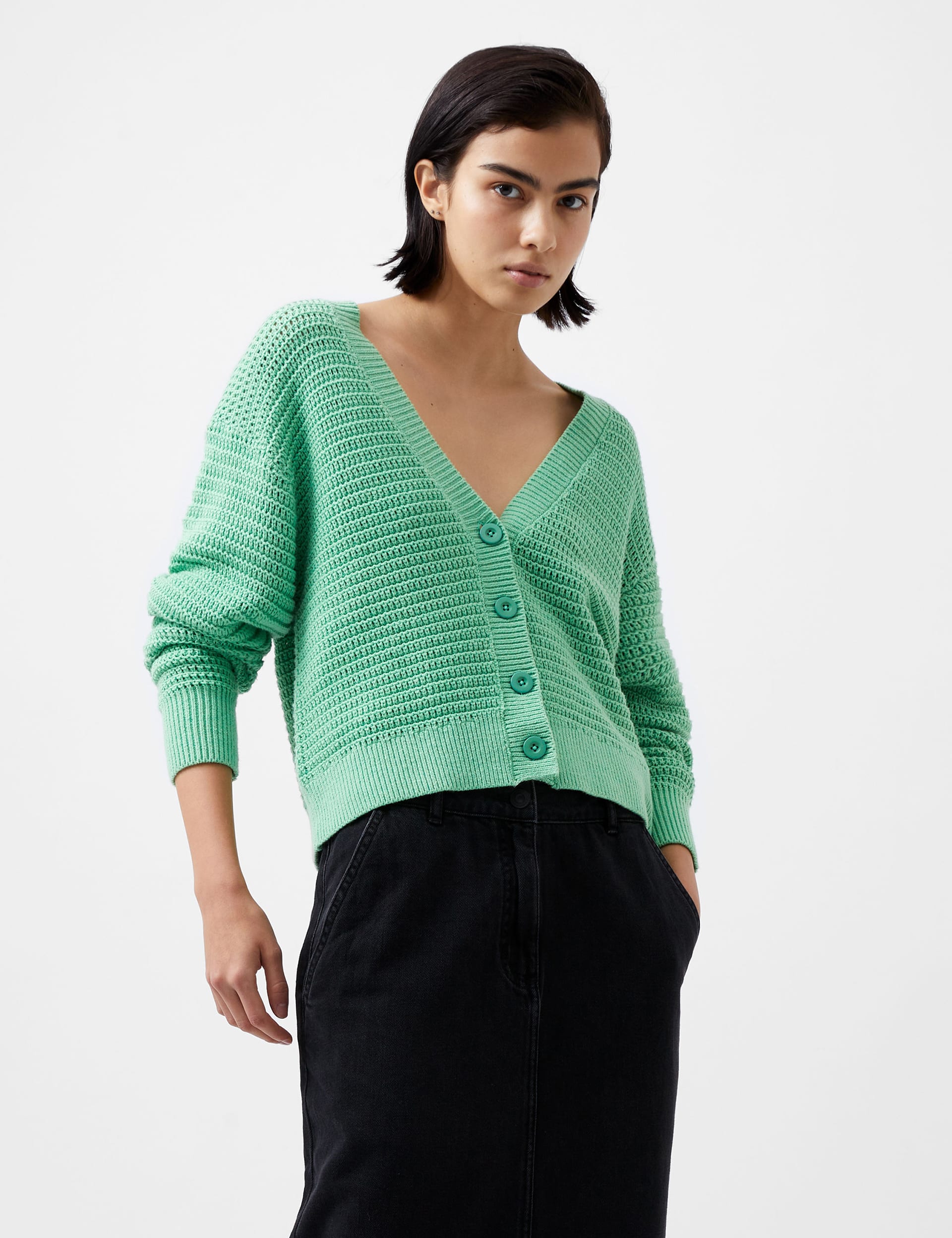 French Connection Women's Cotton Rich Textured V-Neck Cardigan - L - Green, Green