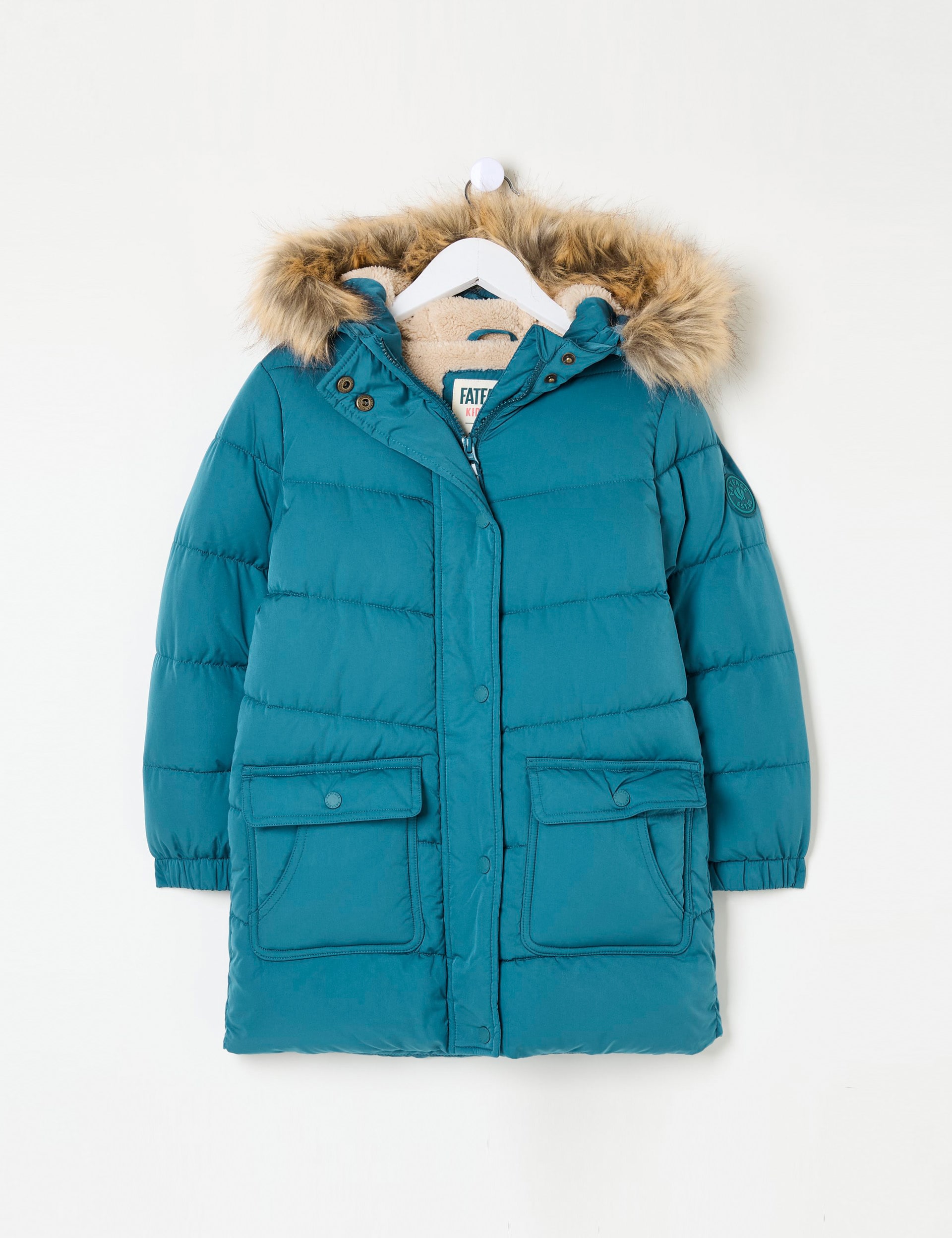 Fatface Girls Faux Fur Hooded Padded Coat (3-13 Yrs) - 8-9 Y - Teal, Teal