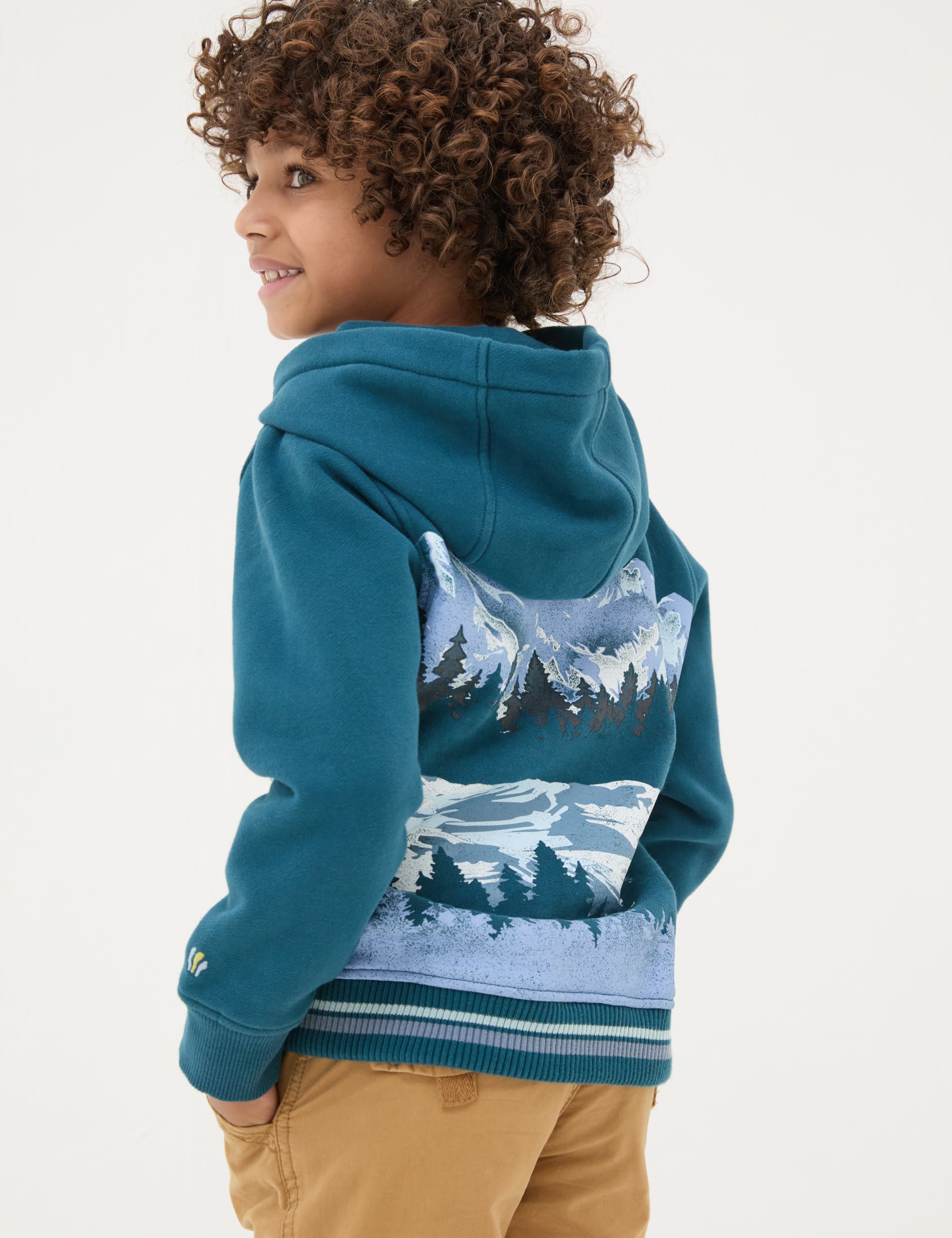 Fatface Boys Cotton Rich Mountain Print Hooded Jumper (3-13 Yrs) - 7-8 Y - Teal Mix, Teal Mix