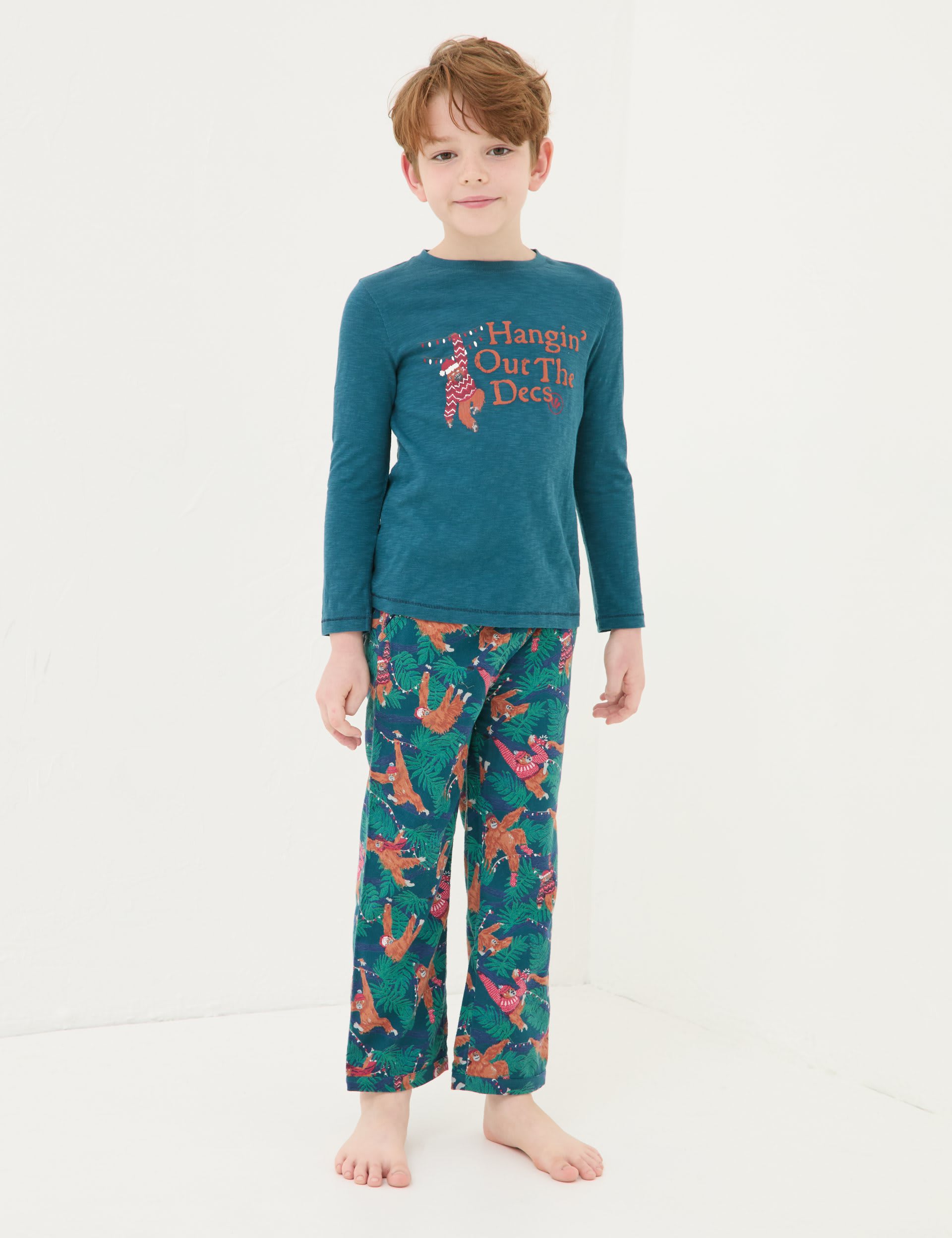 Fatface Boys Pure Cotton Christmas Orangutan Pyjama Set (3-13 Yrs) - 7-8 Y - Teal Mix, Teal Mix