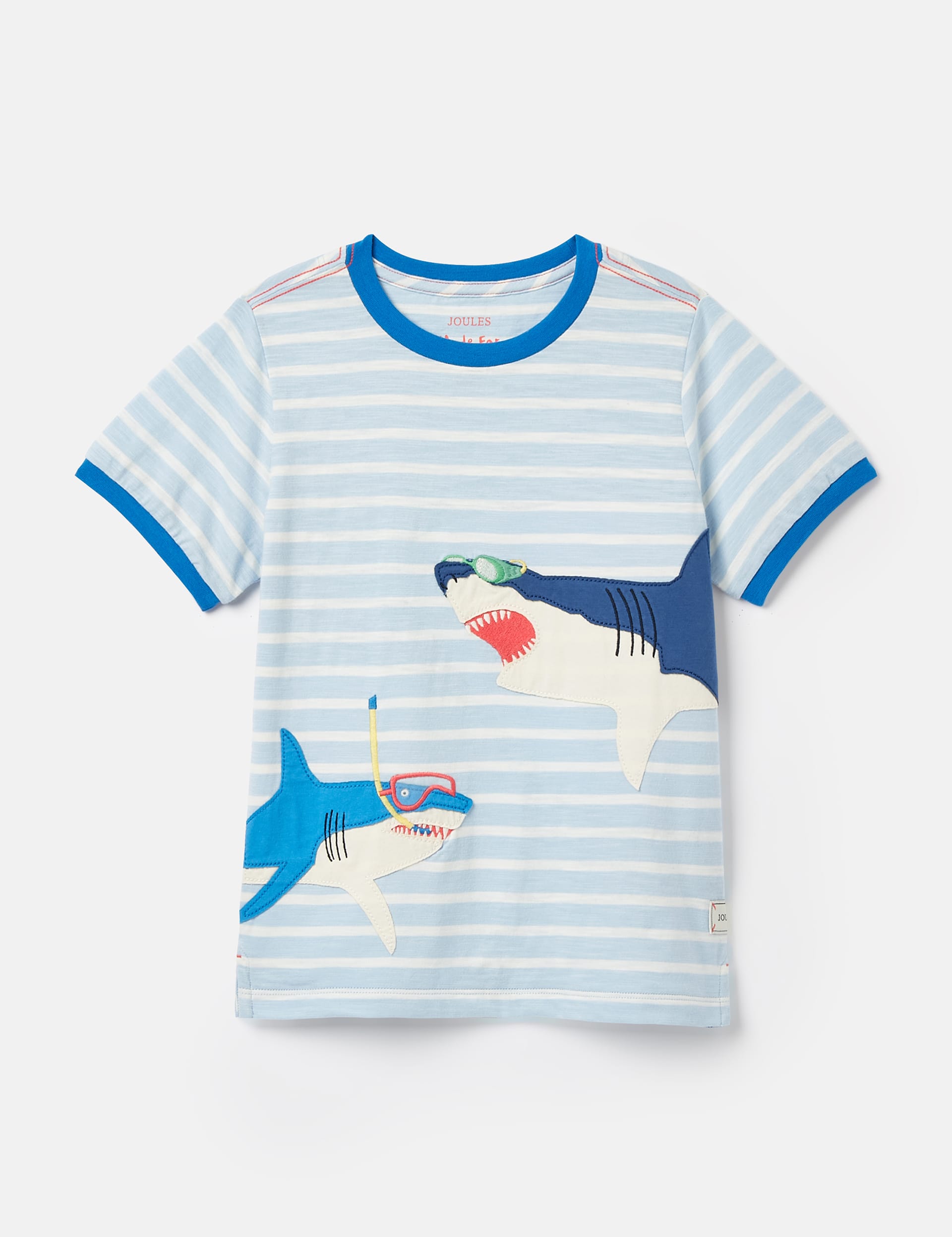 Joules Boys Pure Cotton Striped Shark Print T-Shirt (2-12 Yrs) - 7y - Blue, Blue