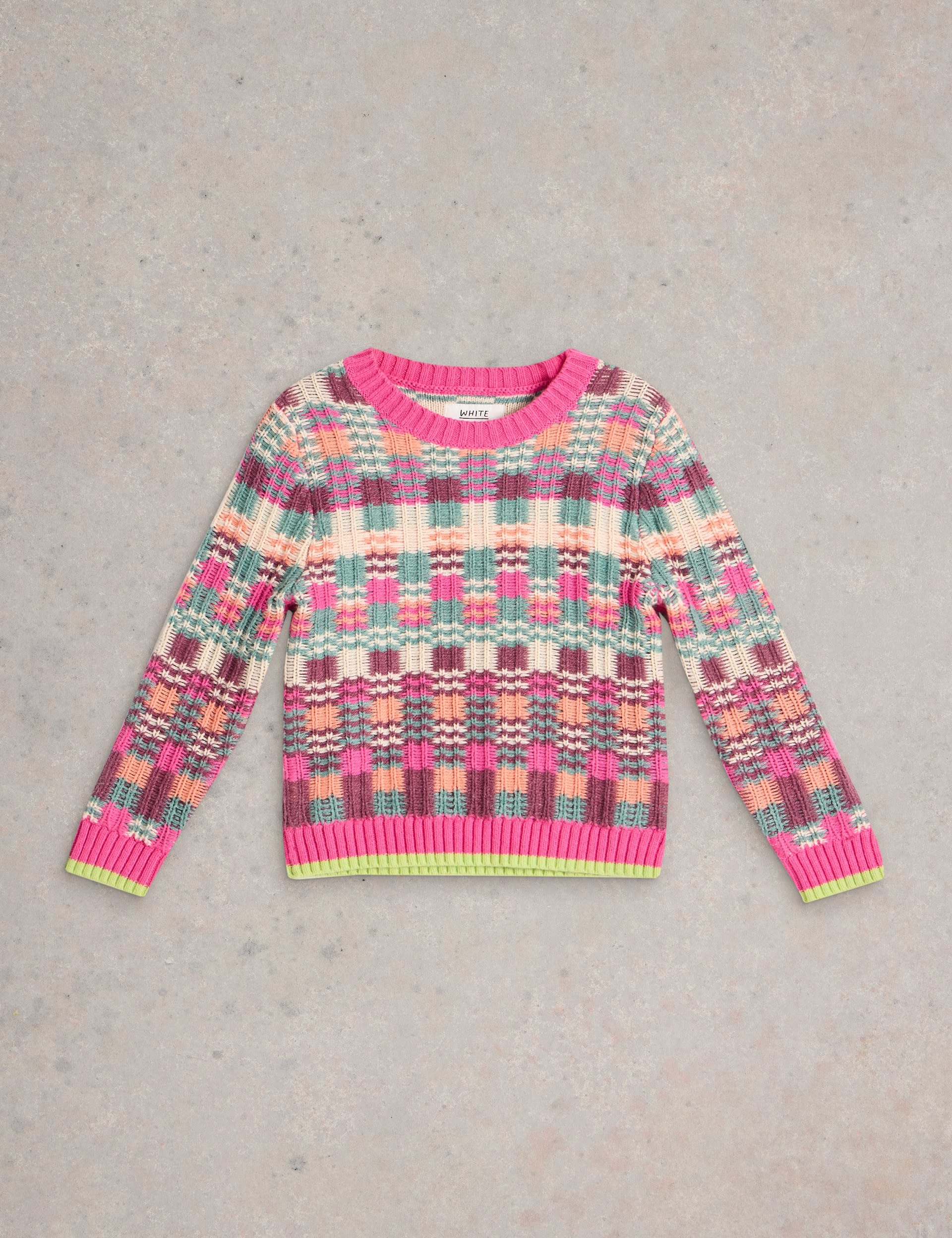 White Stuff Girls Cotton-Rich Checked Jumper (3-10 Yrs) - 5-6 Y - Pink Mix, Pink Mix