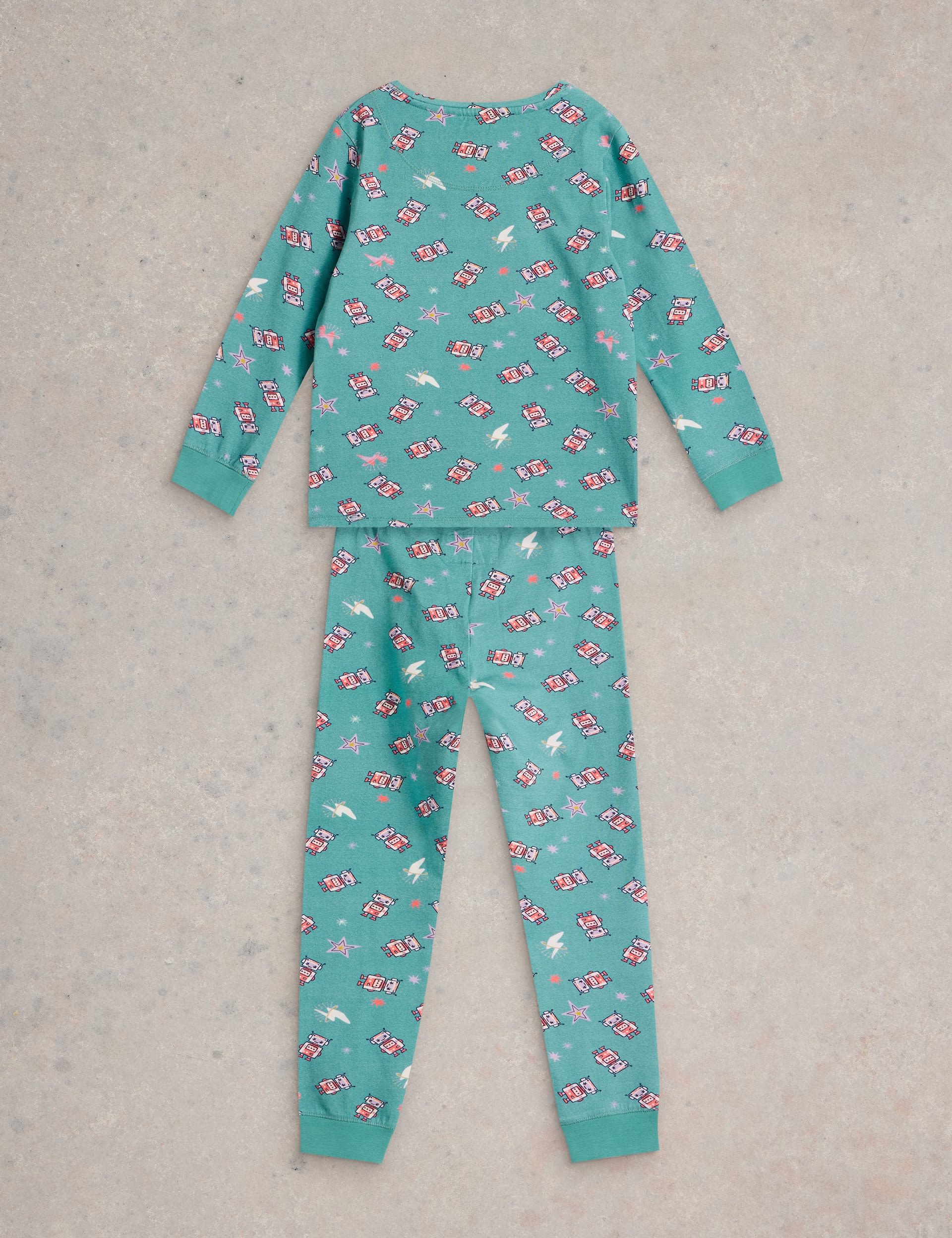 White Stuff Girls Cotton Rich Robot Print Pyjamas (3-10 Yrs) - 7-8 Y - Blue Mix, Blue Mix