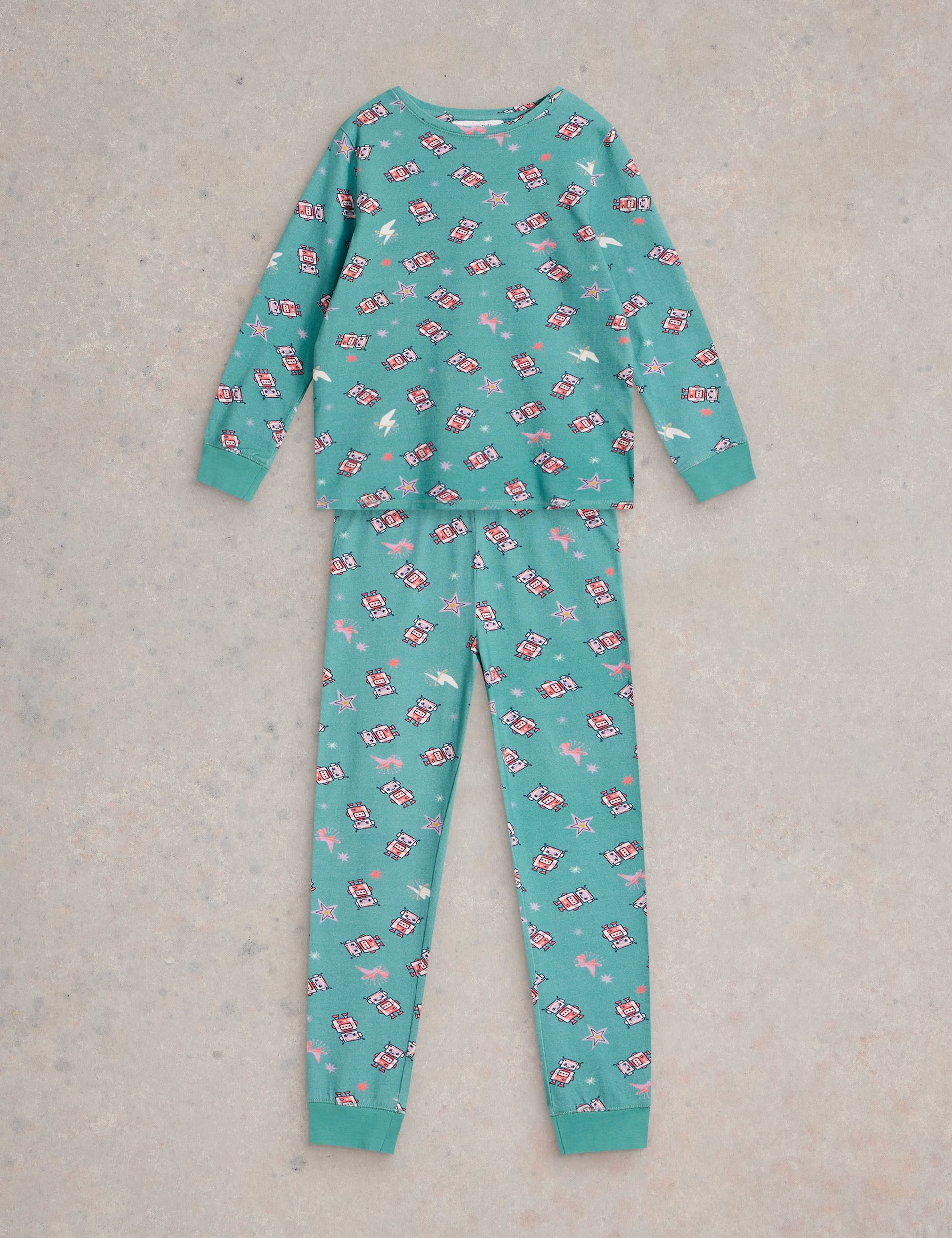 White Stuff Girls Cotton Rich Robot Print Pyjamas (3-10 Yrs) - 7-8 Y - Blue Mix, Blue Mix