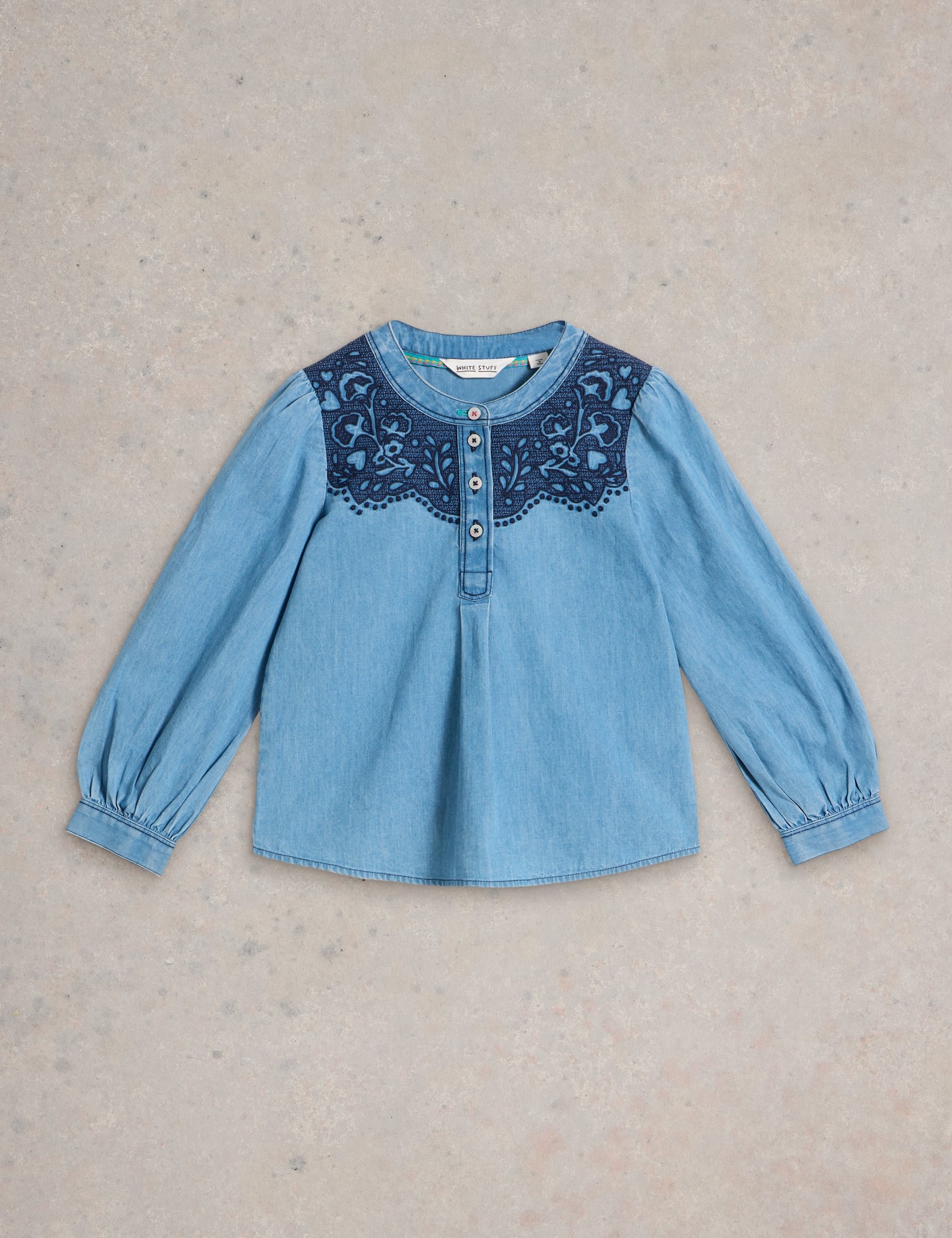 White Stuff Girls Chambray Flower Embroidered Top (3-10 Yrs) - 9-10Y - Blue, Blue