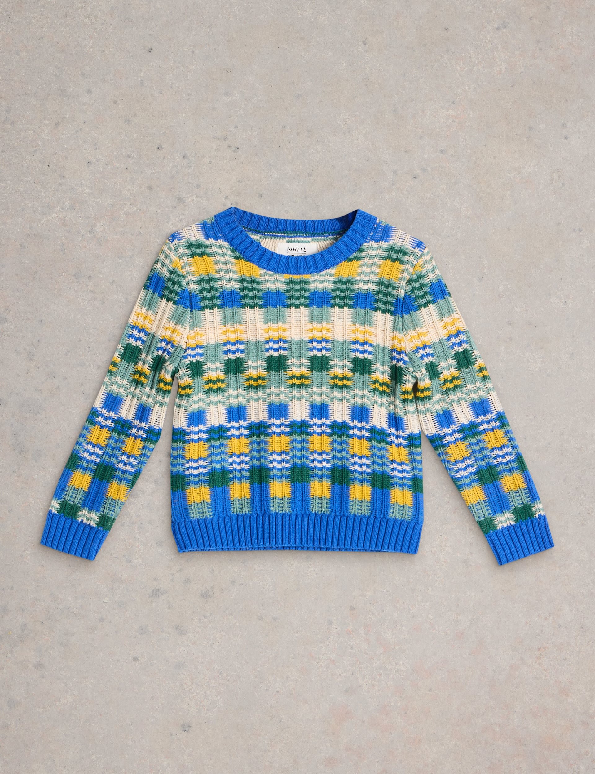 White Stuff Boys Cotton Rich Check Jumper (3-10 Yrs) - 7-8 Y - Blue Mix, Blue Mix