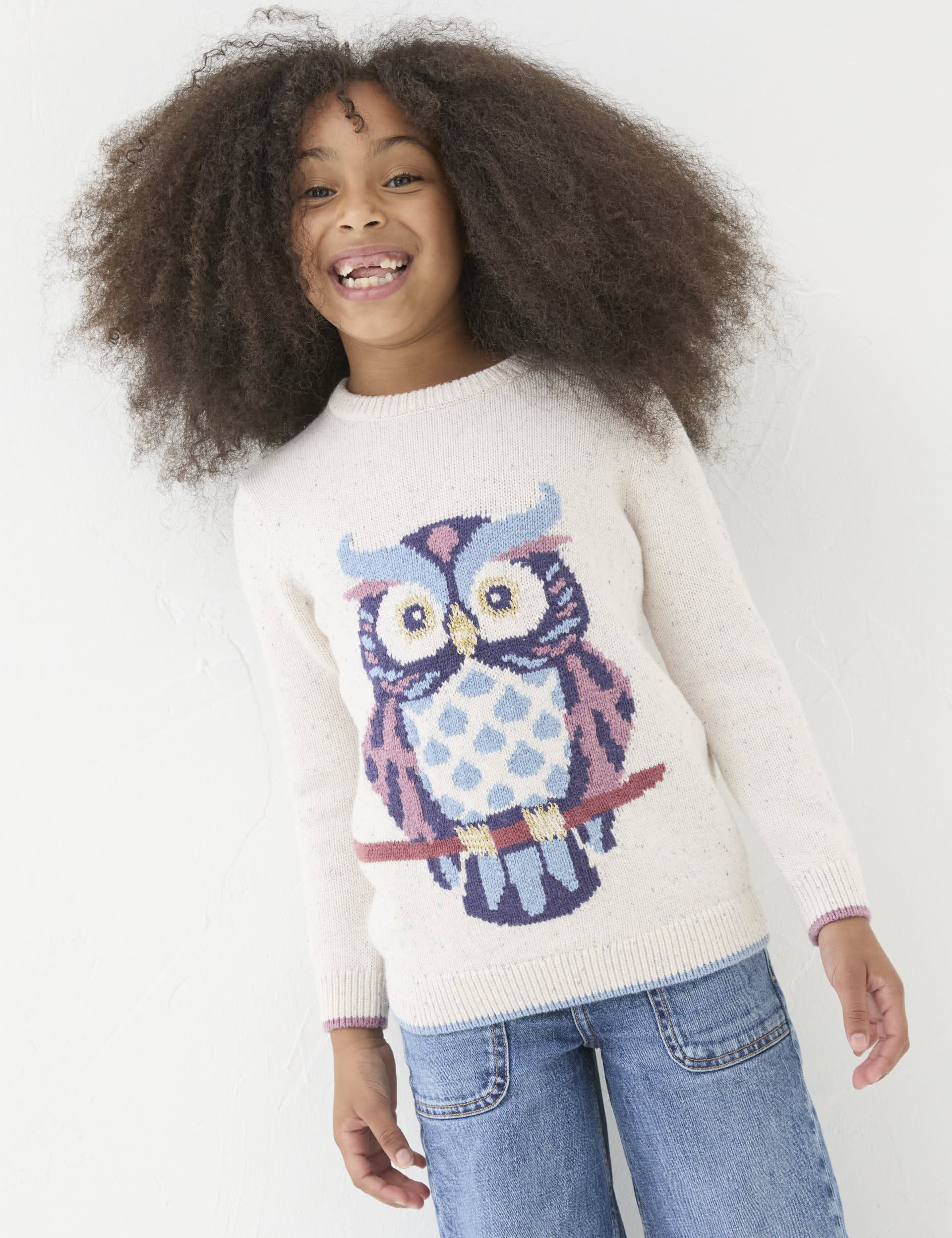 Fatface Girls Cotton Rich Knitted Owl Jumper (3-13 Yrs) - 4-5 Y - Ivory Mix, Ivory Mix