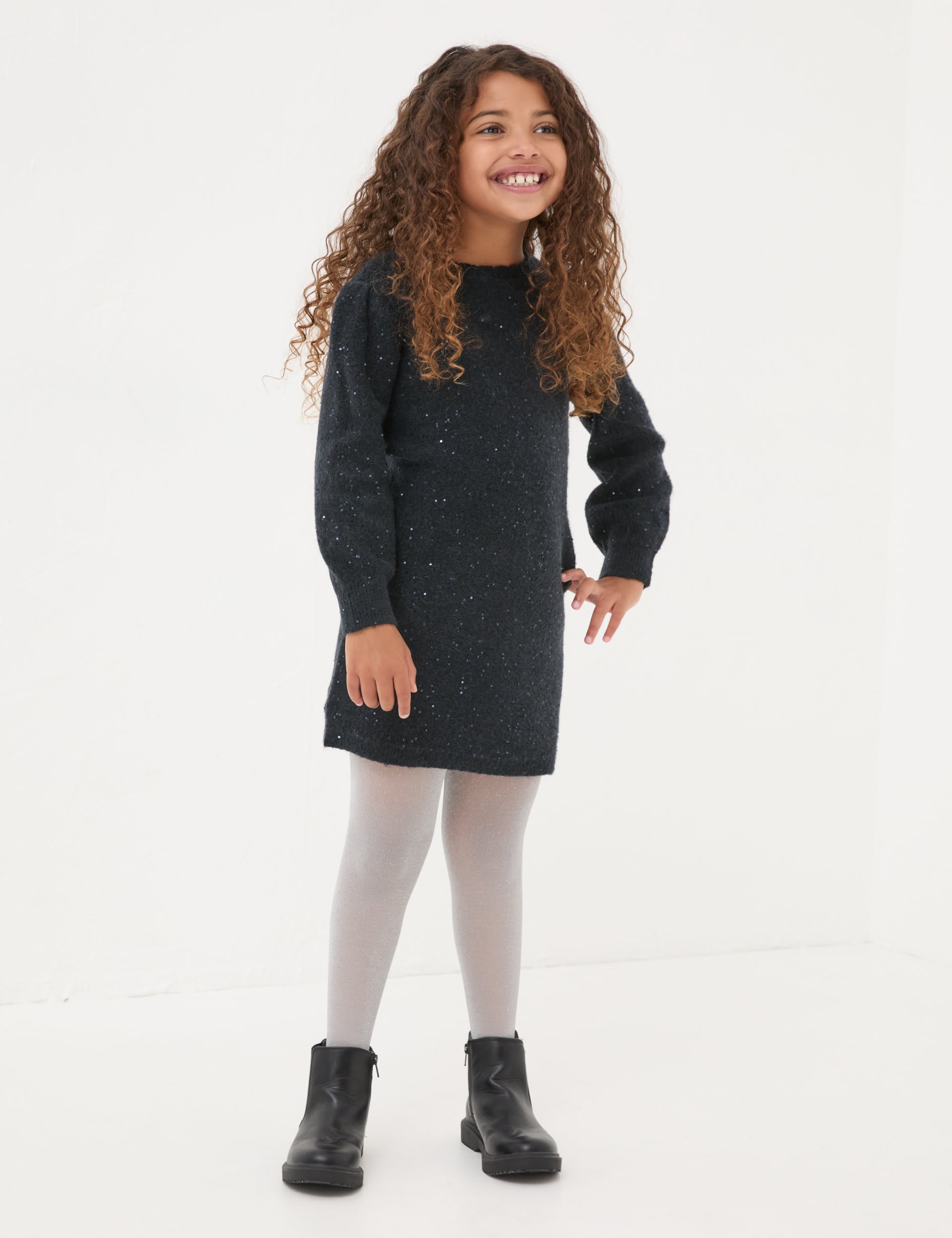 Fatface Girls Sequin Knitted Dress (3-13 Yrs) - 6-7 Y - Navy, Navy,Oatmeal