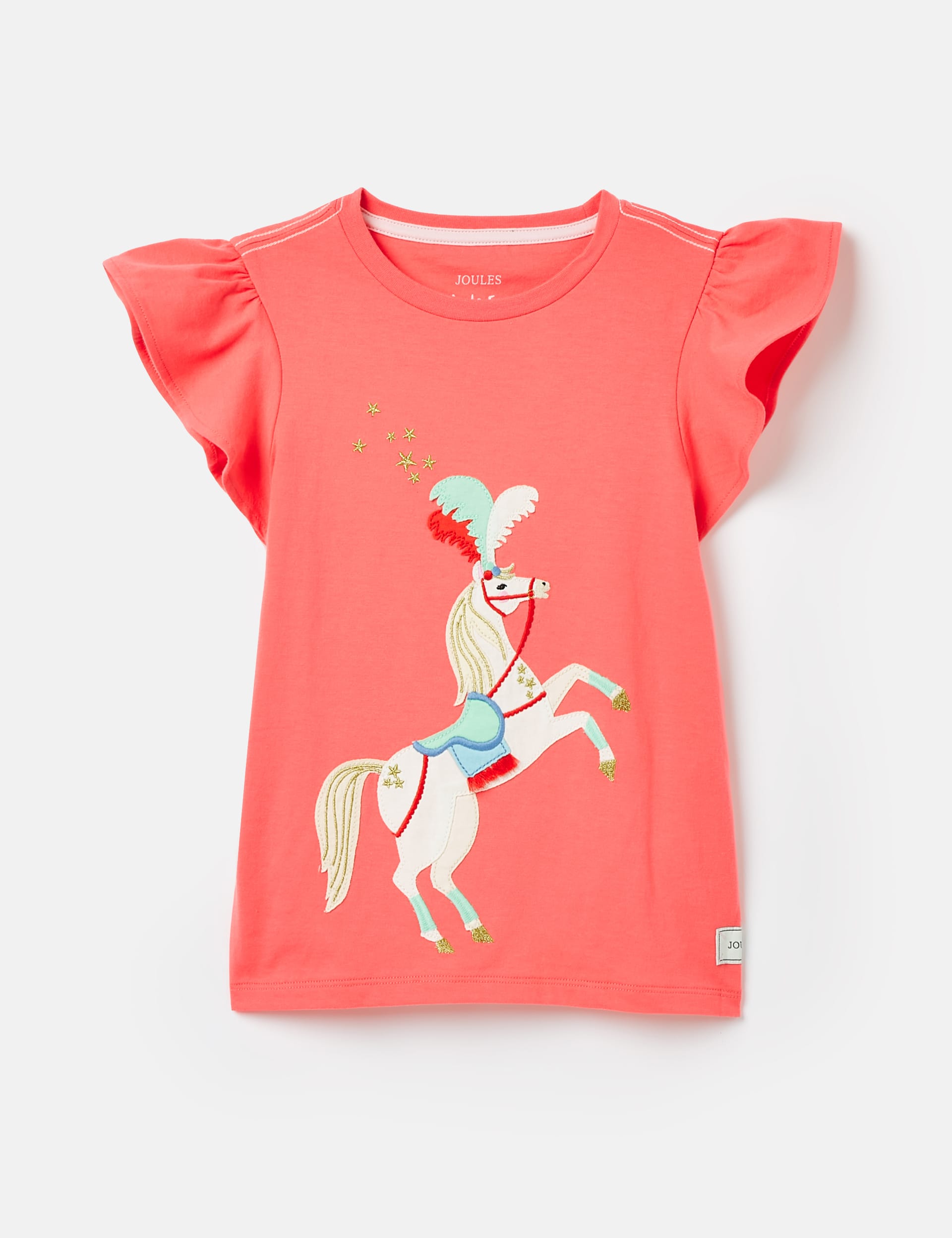 Joules Girls Pure Cotton Pony Frill Sleeve T-Shirt (2-8 Yrs) - 2y - Pink, Pink