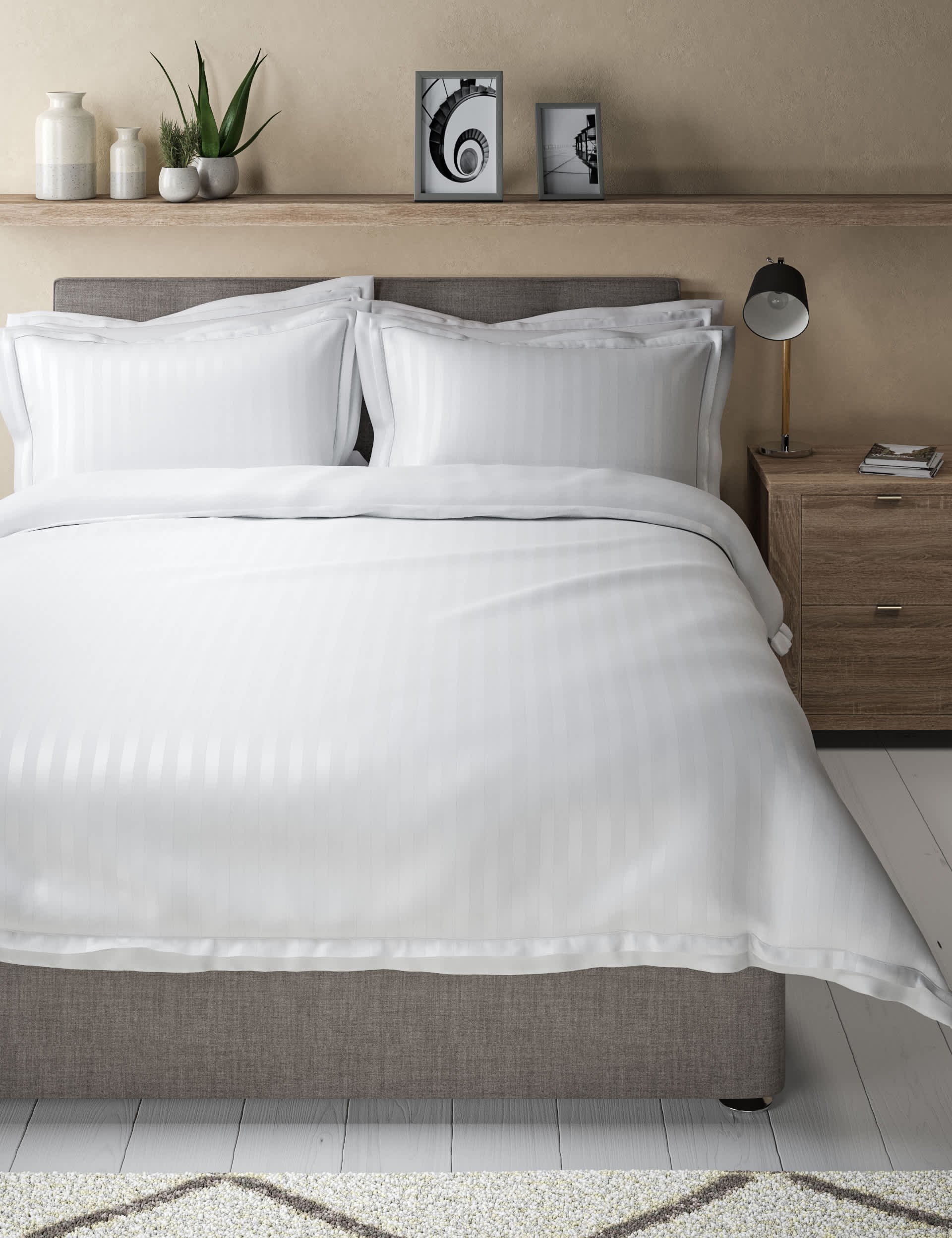 Autograph Pure Cotton Double Cuff Bedding Set - SGL - White, White,Silver Grey