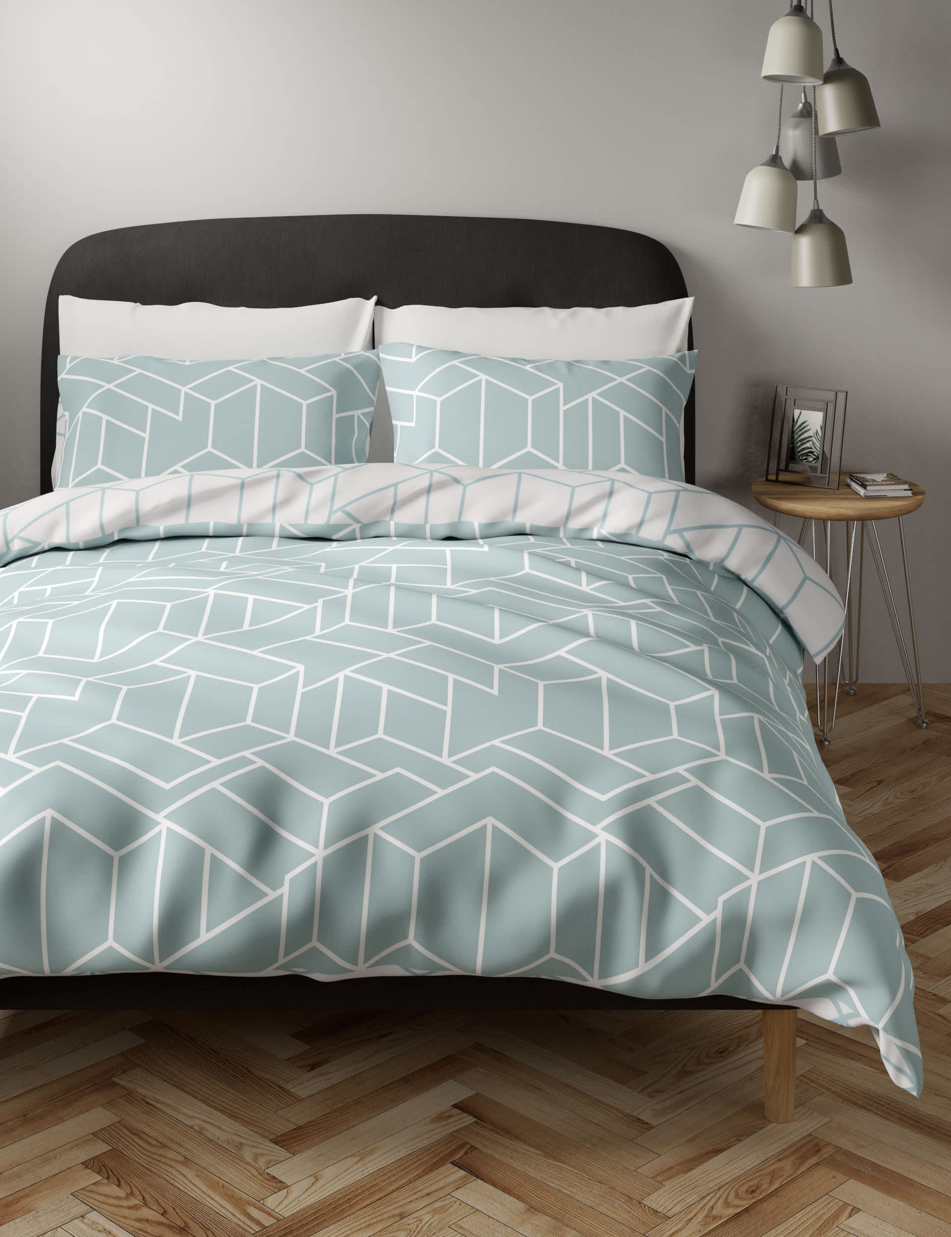 M&S Cotton Blend Geometric Bedding Set - 6FT - Duck Egg, Grey,Duck Egg