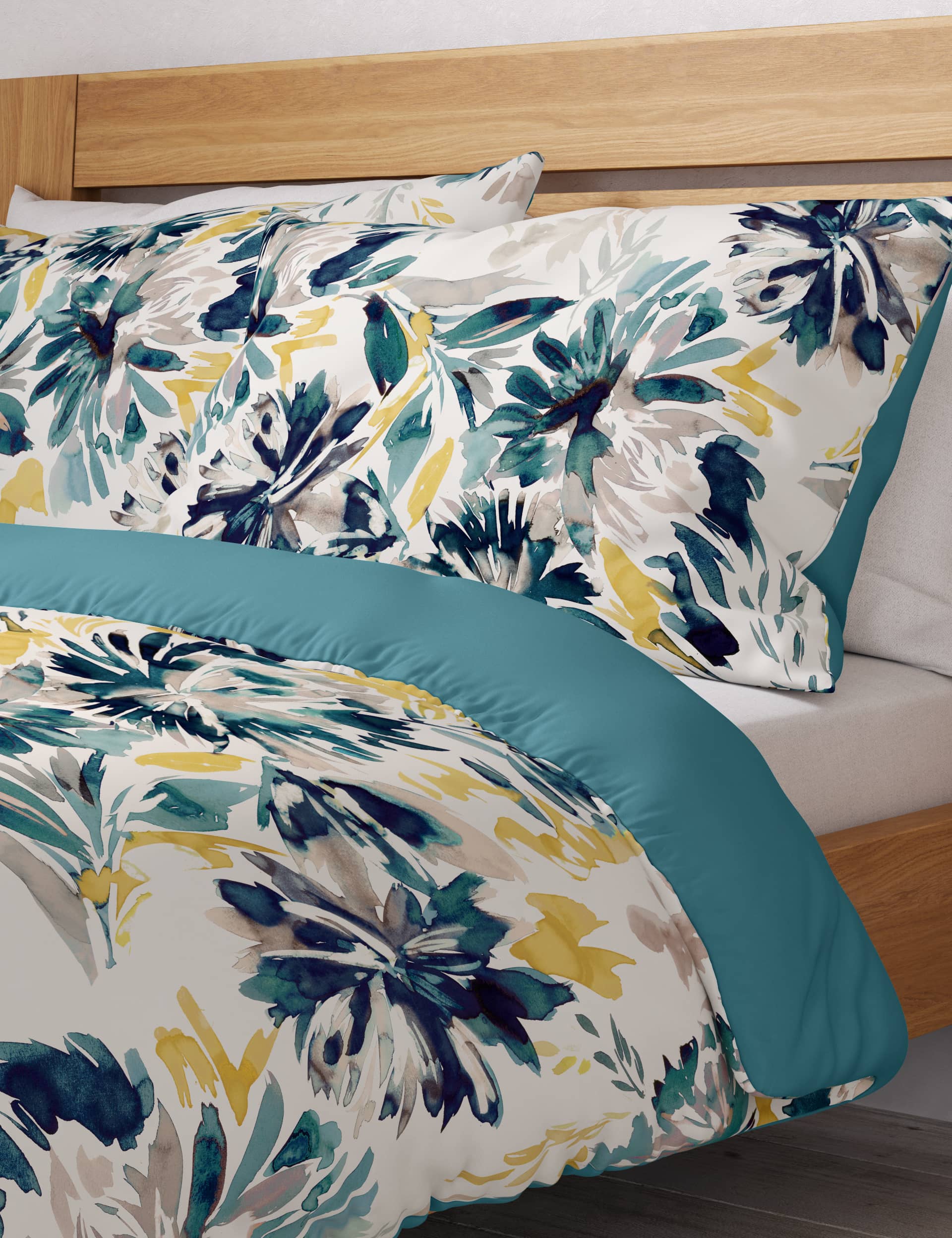 M&S Pure Cotton Watercolour Floral Bedding Set - SGL - Teal Mix, Teal Mix