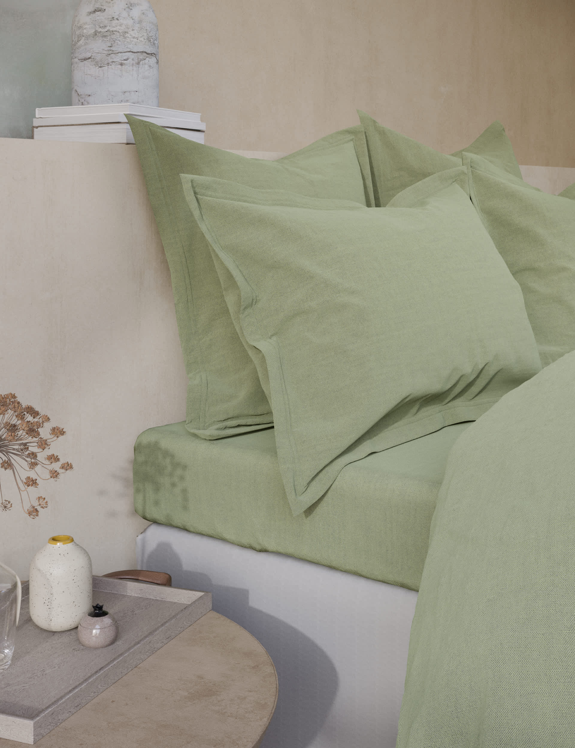 M&S X Fired Earth Washed Cotton Deep Fitted Sheet - SGL - Weald Green, Dover Cliffs,Dusty Cedar,Malm