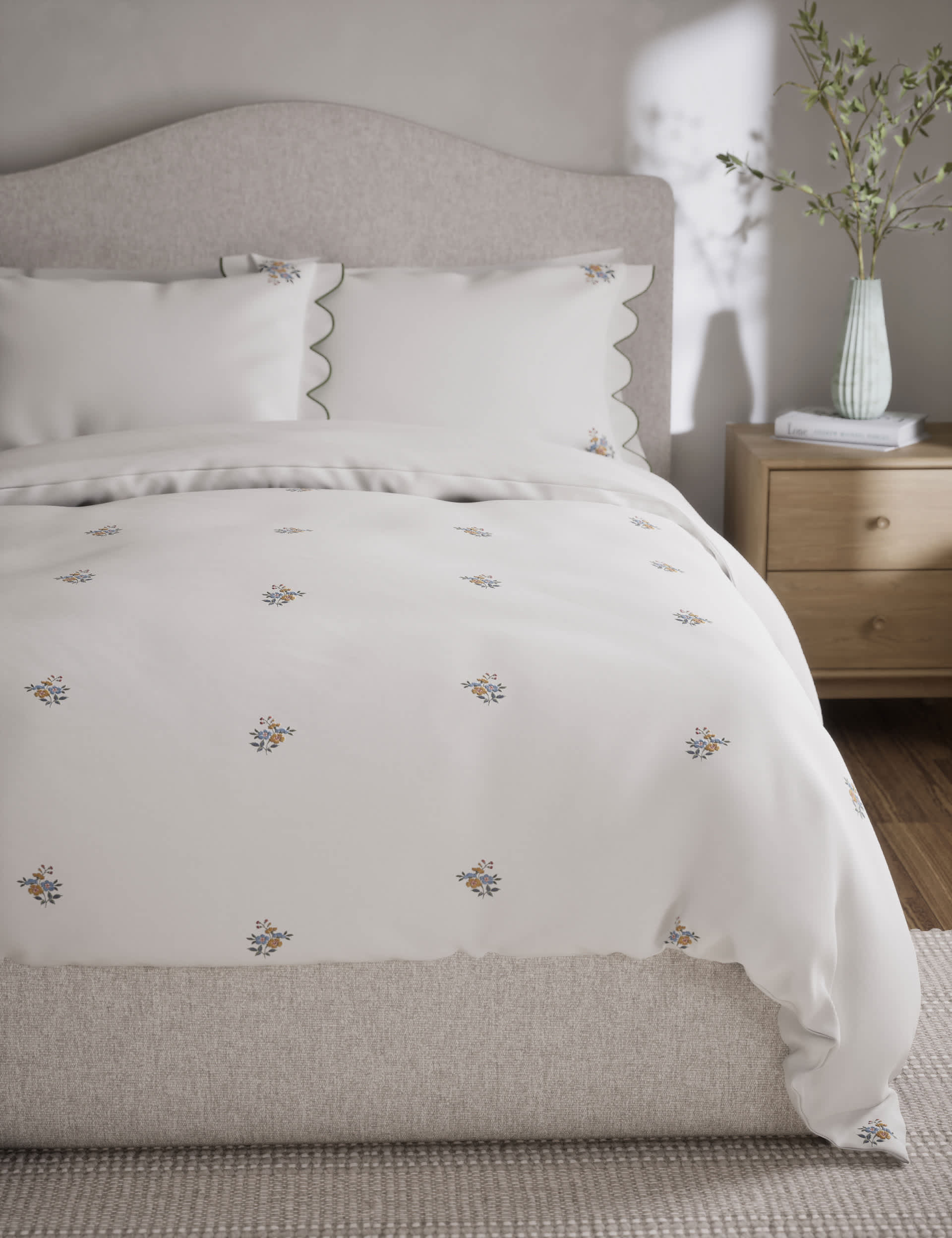 M&S Pure Cotton Floral Embroidered Bedding Set - 6FT - White Mix, White Mix