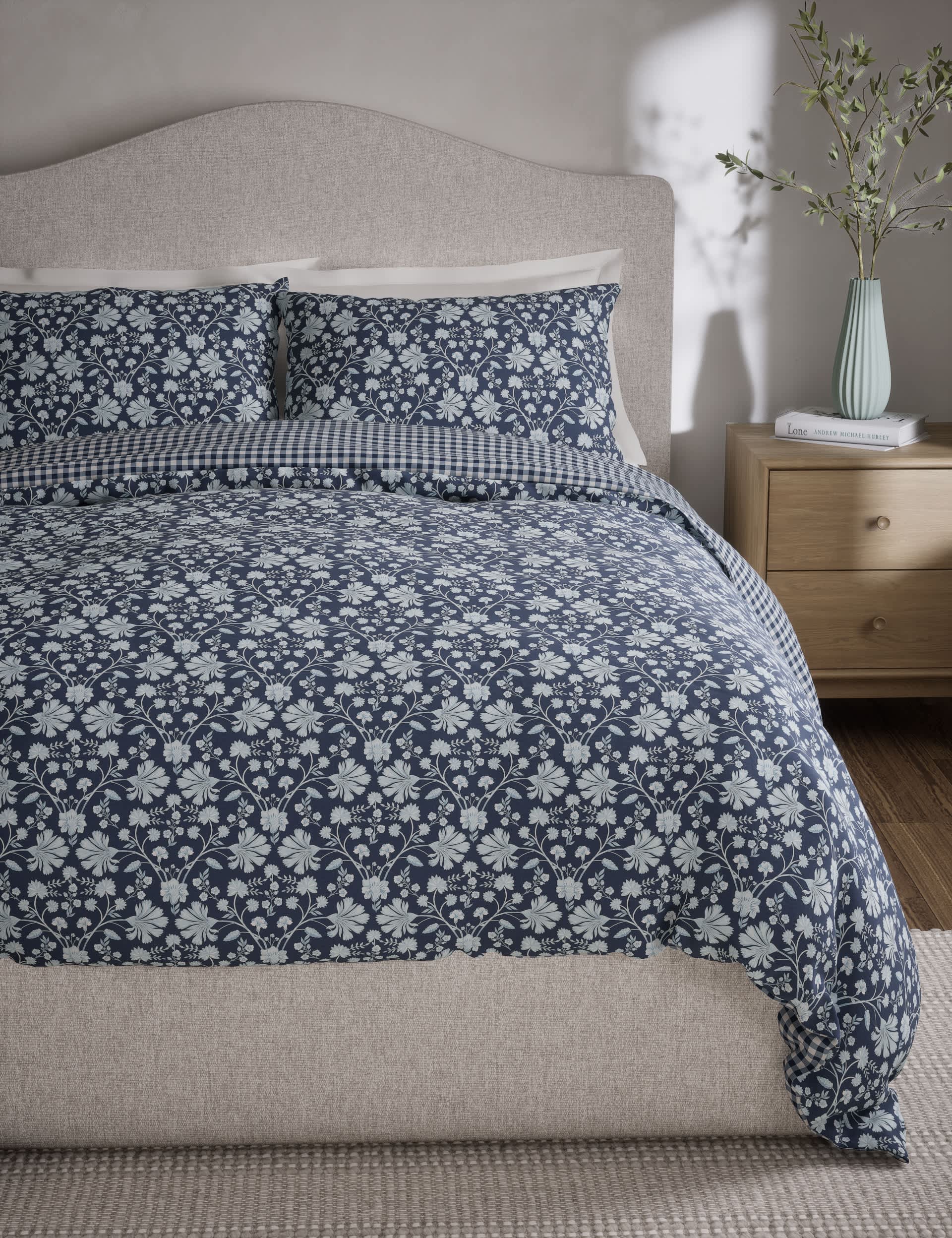 M&S Cotton Rich Floral Gingham Bedding Set - 6FT - Blue Mix, Blue Mix