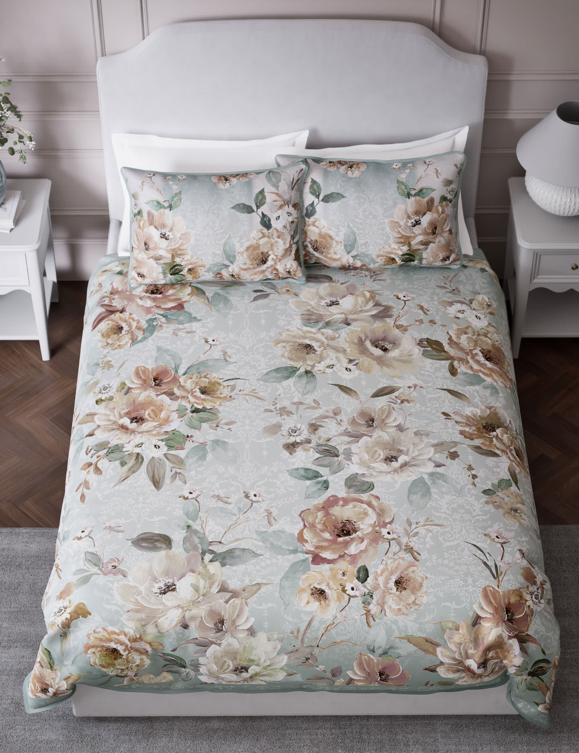 M&S Pure Cotton Sateen Emilie Enchanted Bedding Set - DBL - Green Mix, Green Mix,Pink Mix