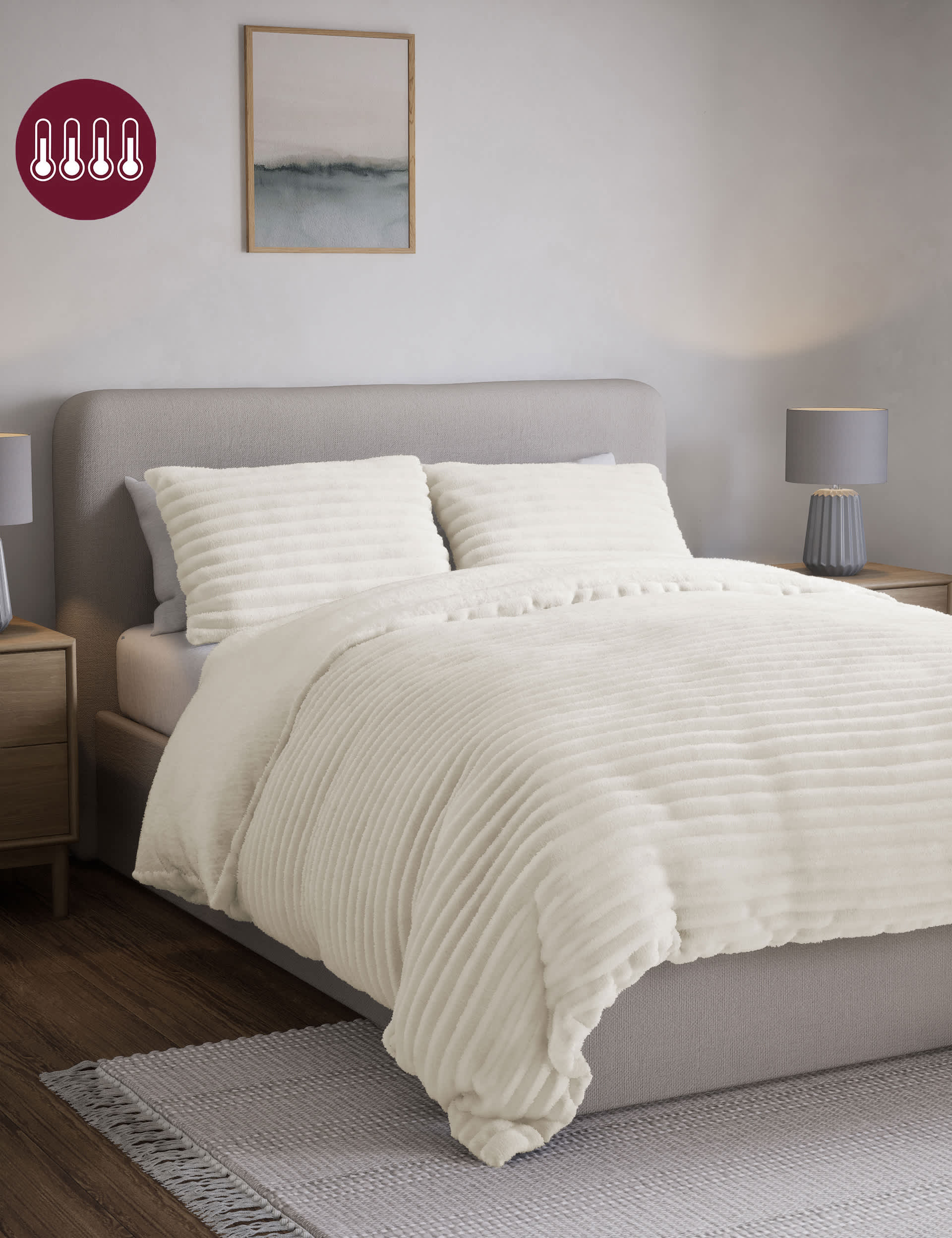 M&S Collection Cloud Fleece Ribbed Bedding Set - 5FT - Cream, Cream,Natural,Green