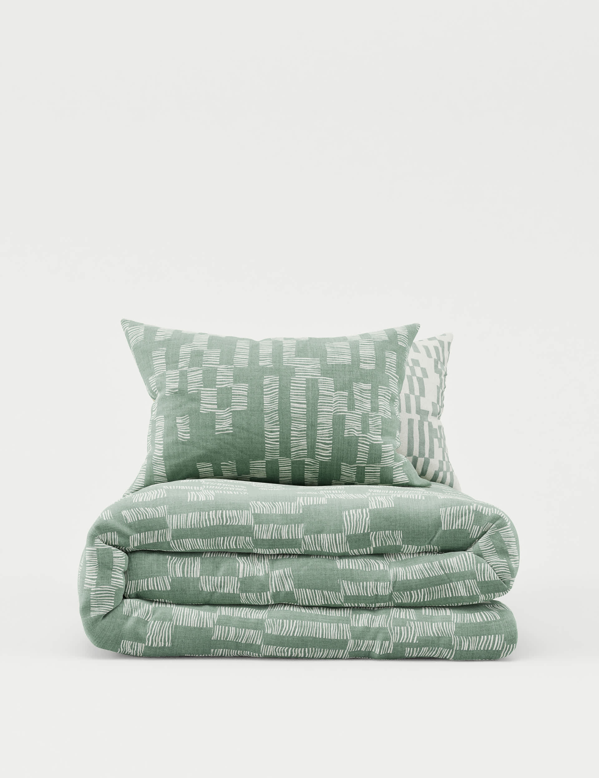 M&S Collection Pure Cotton Geometric Brushed Bedding Set - DBL - Green, Green