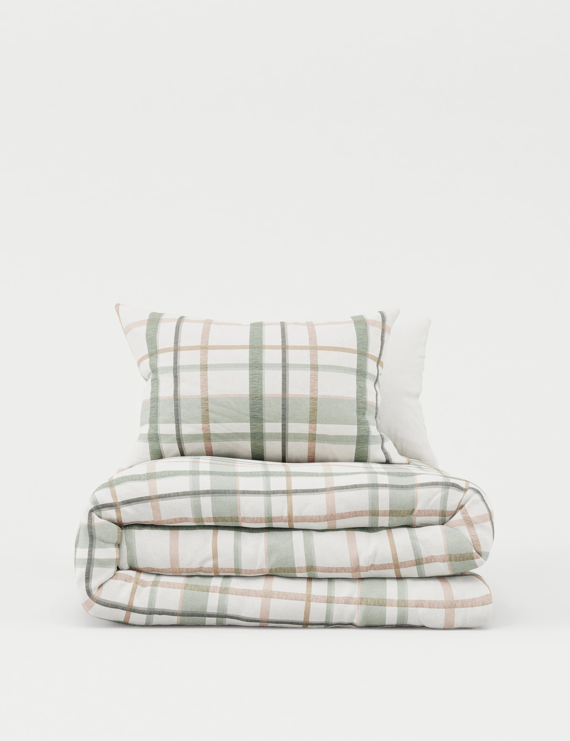 M&S Collection Pure Brushed Cotton Checked Bedding Set - SGL - Green Mix, Green Mix