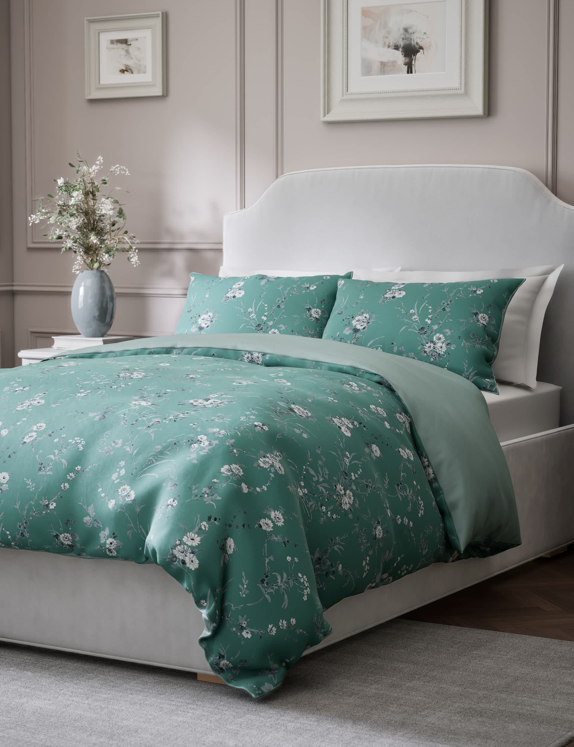 M&S Pure Cotton Sateen Fleur Foliage Bedding Set - DBL - Teal Mix, Teal Mix