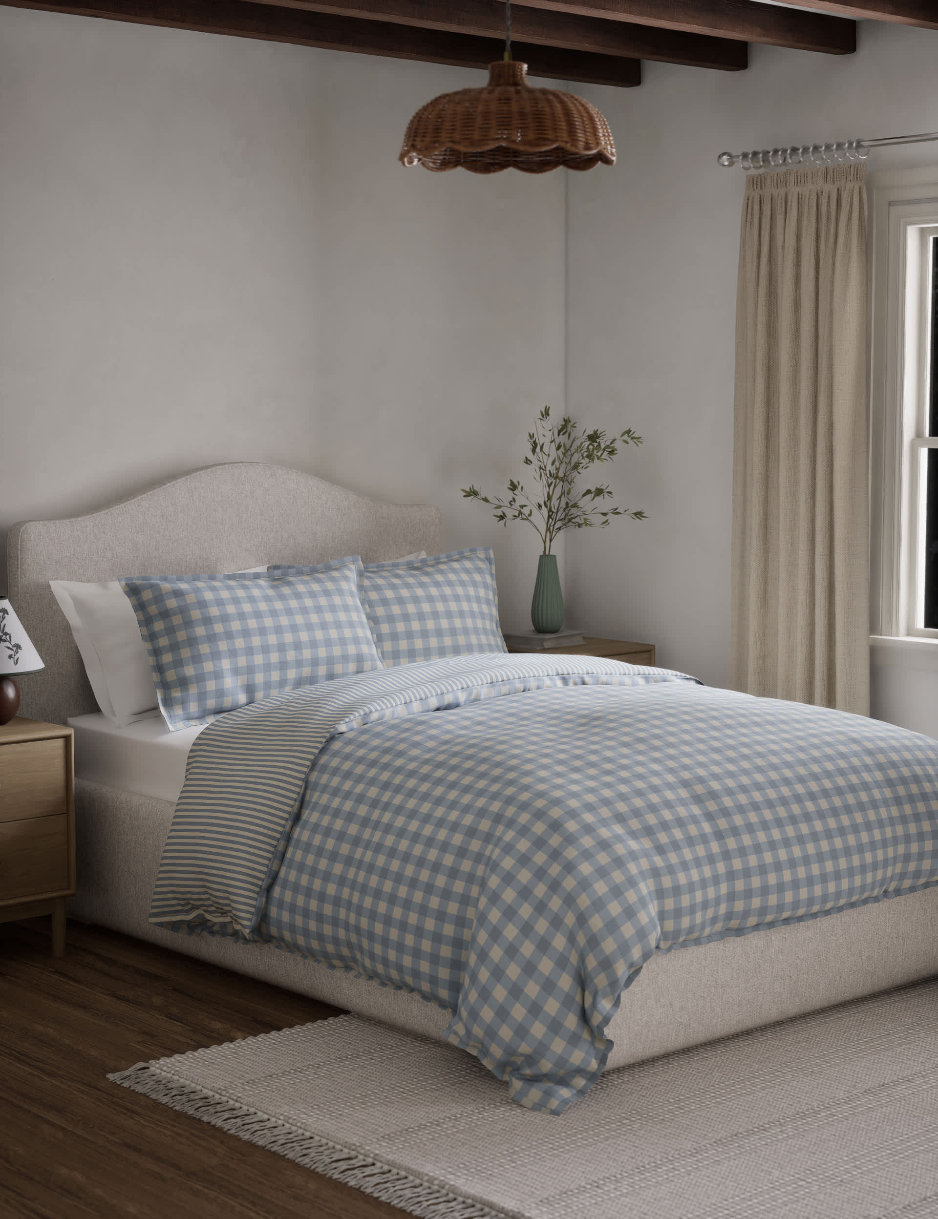 M&S Pure Cotton Gingham Bedding Set - DBL - Blue, Green,Blue