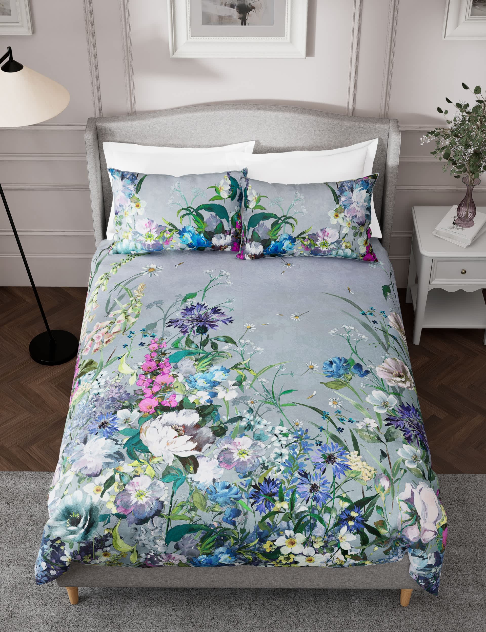 M&S Pure Cotton Sateen Wild Meadow Bedding Set - DBL - Grey Mix, Grey Mix