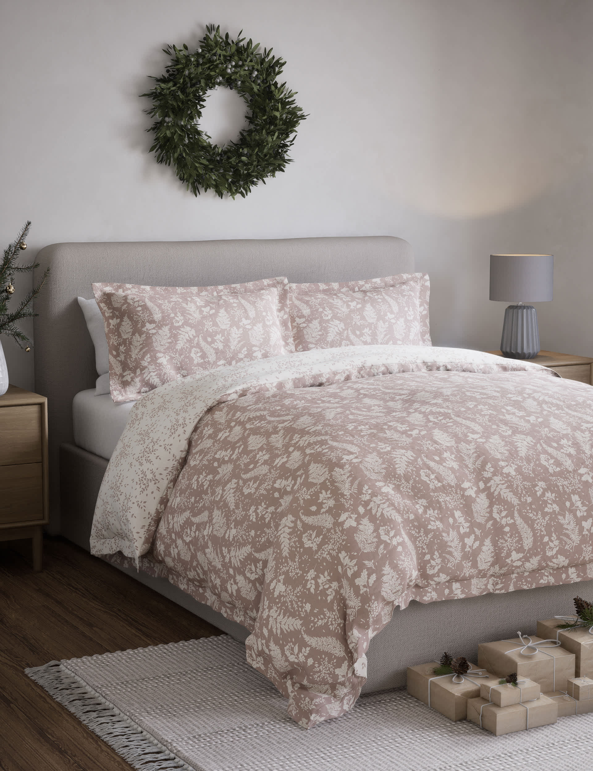 M&S Pure Brushed Cotton Winter Fern Bedding Set - SGL - Pink Mix, Pink Mix,Grey Mix