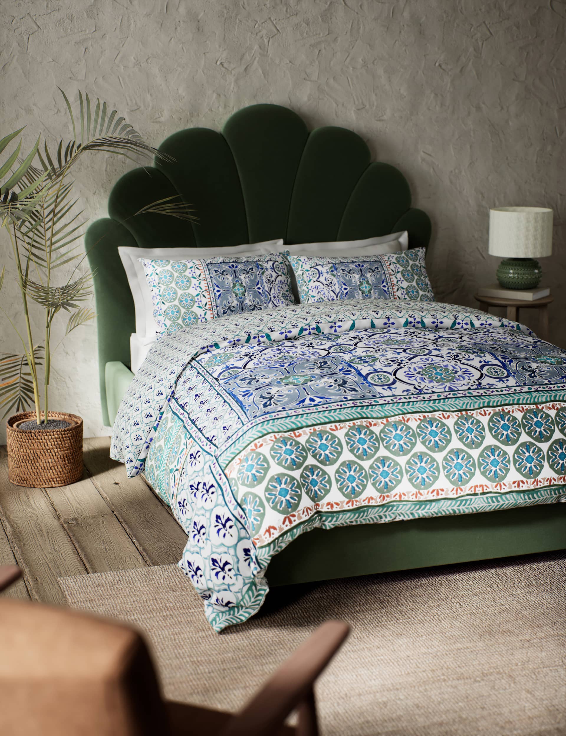 M&S Comfortably Cool Lyocell Rich Spliced Tile Bedding Set - SGL - Blue Mix, Blue Mix