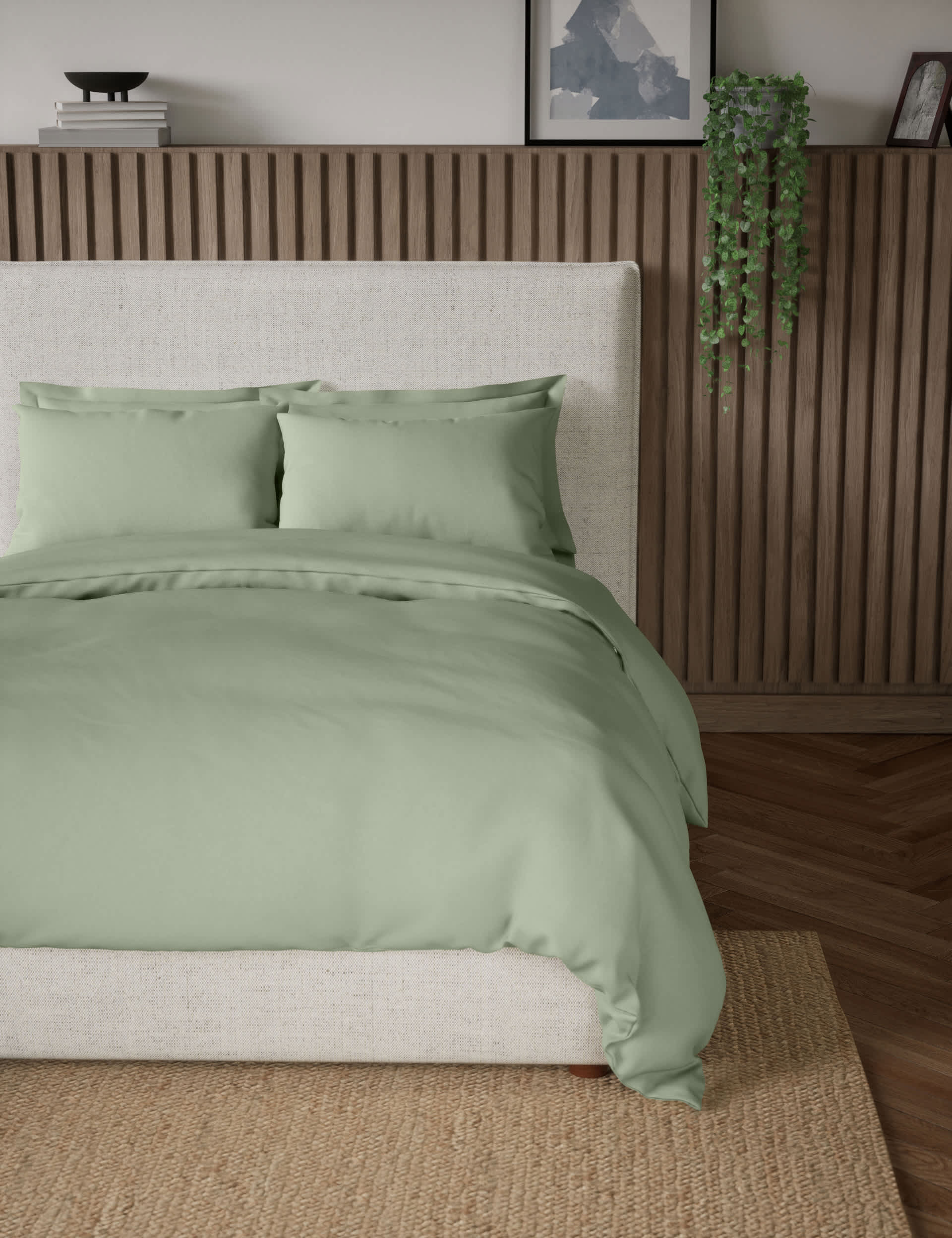 M&S Collection Pure Cotton 300 Thread Count Bedding Set - 6FT - Sage, Light Grey,Neutral,Sage