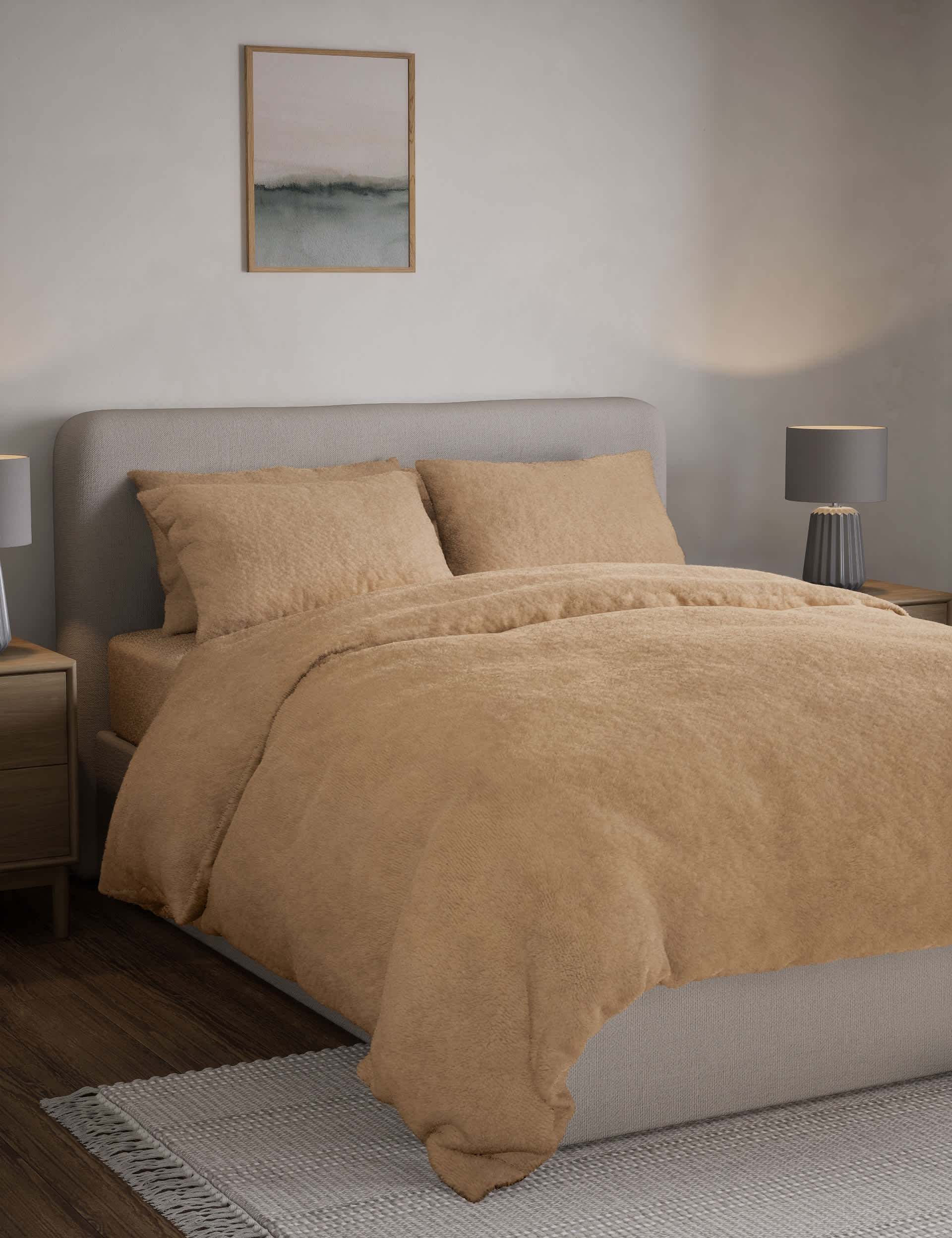 M&S Teddy Fleece Bedding Set - 6FT - Camel, Blue,Cream,Blush,Sage,Camel,White,Charcoal,Neutral,Dark 