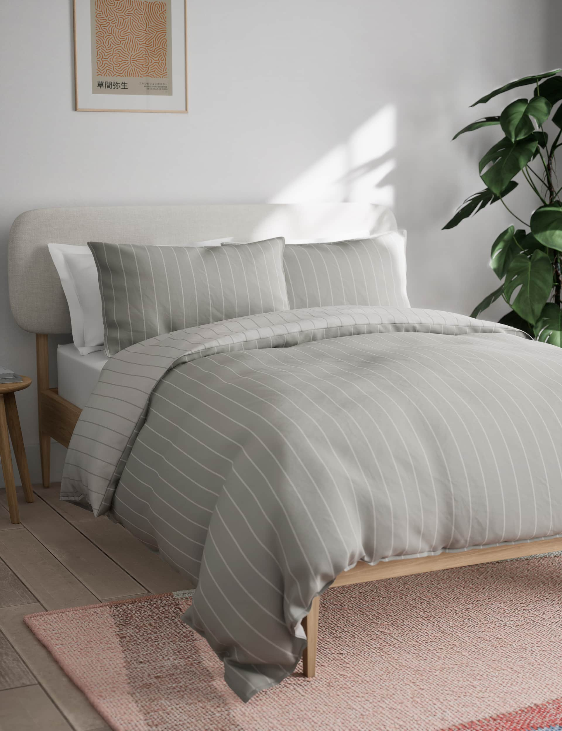 M&S Cotton Rich Narrow Striped Bedding Set - DBL - Grey Mix, Grey Mix