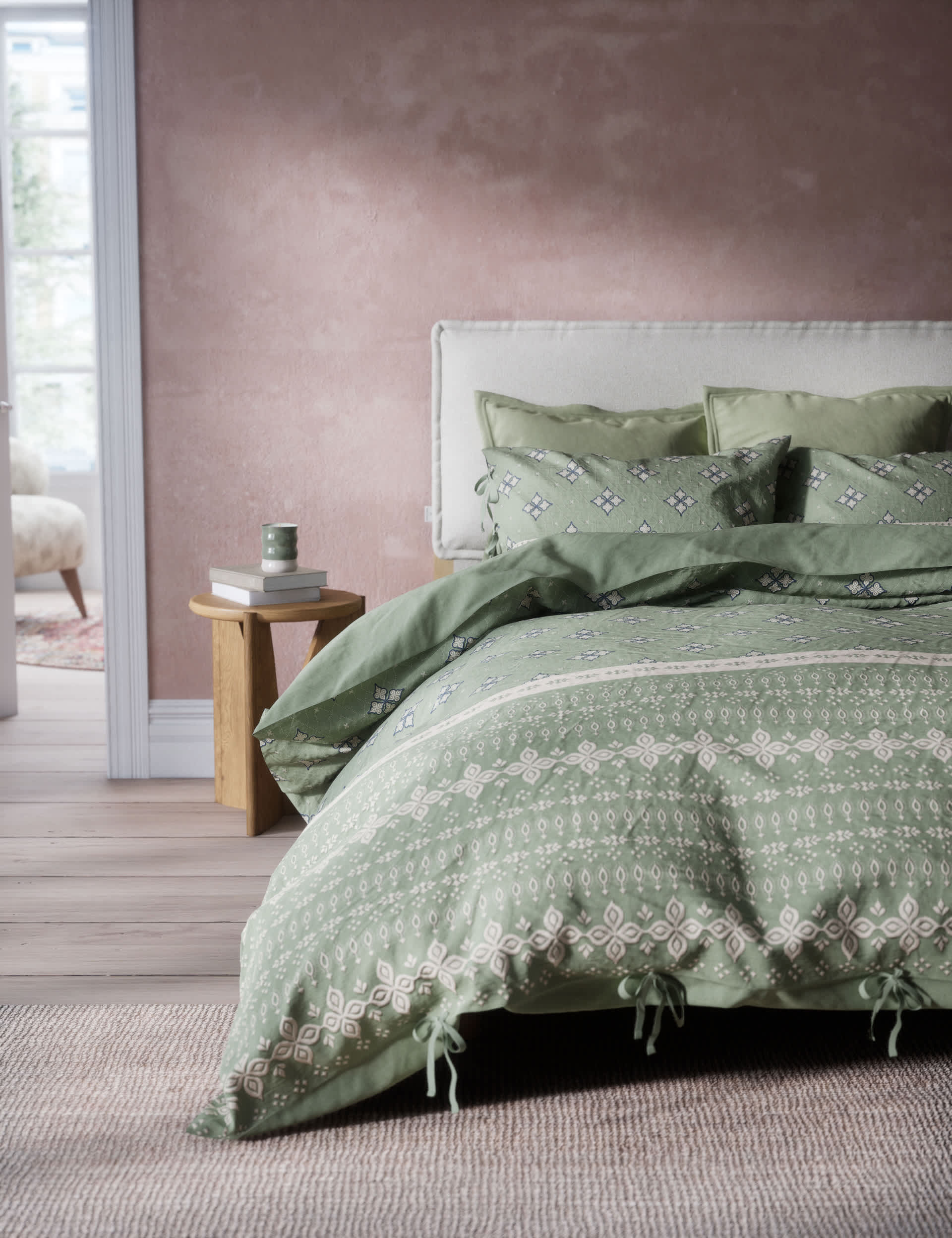 M&S X Fired Earth Jaipur Bandhani Jacquard Bedding Set - 6FT - Weald Green, Weald Green