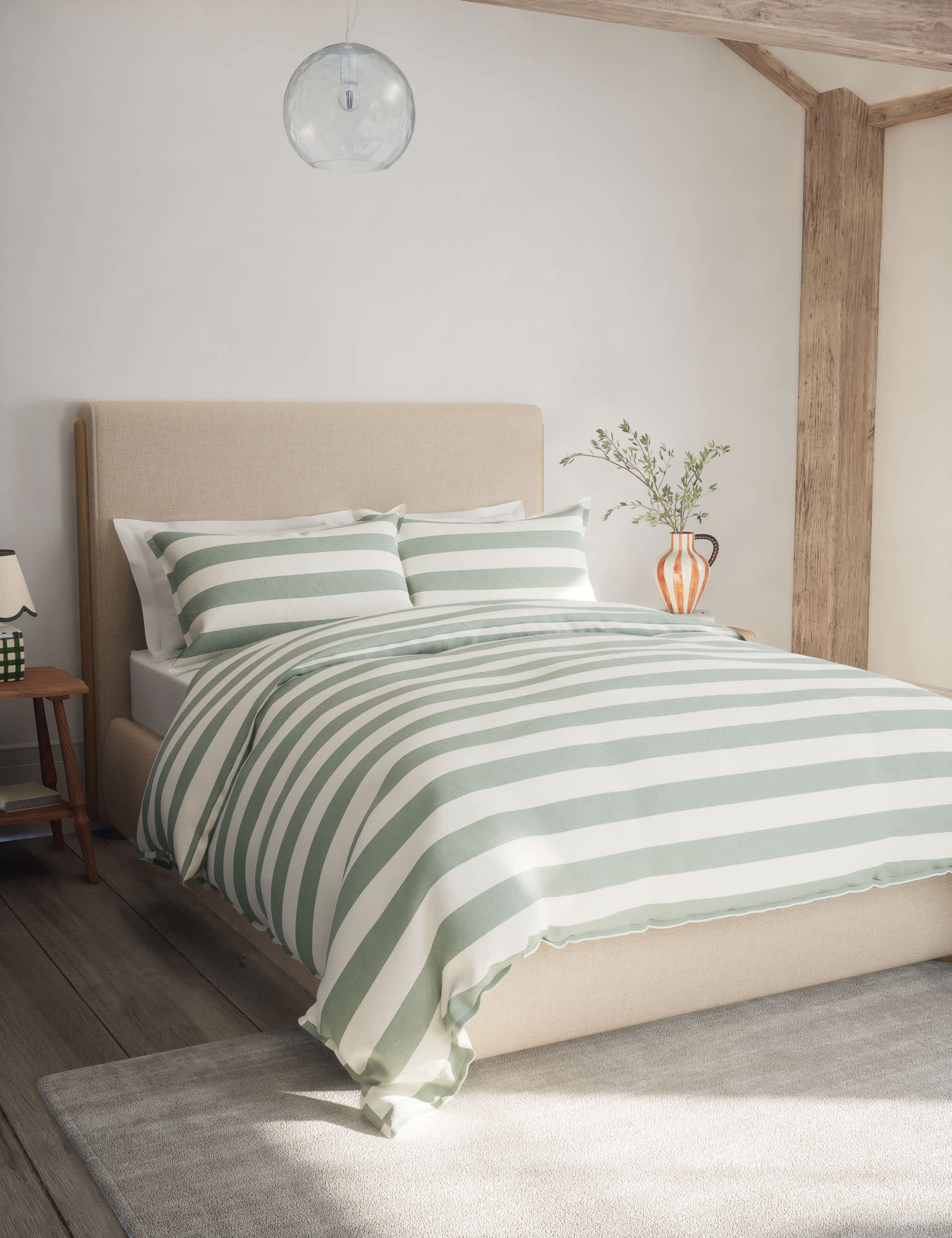 M&S Linen Blend Striped Bedding Set - DBL - Green Mix, Blue Mix,Natural Mix,Green Mix,Silver Grey