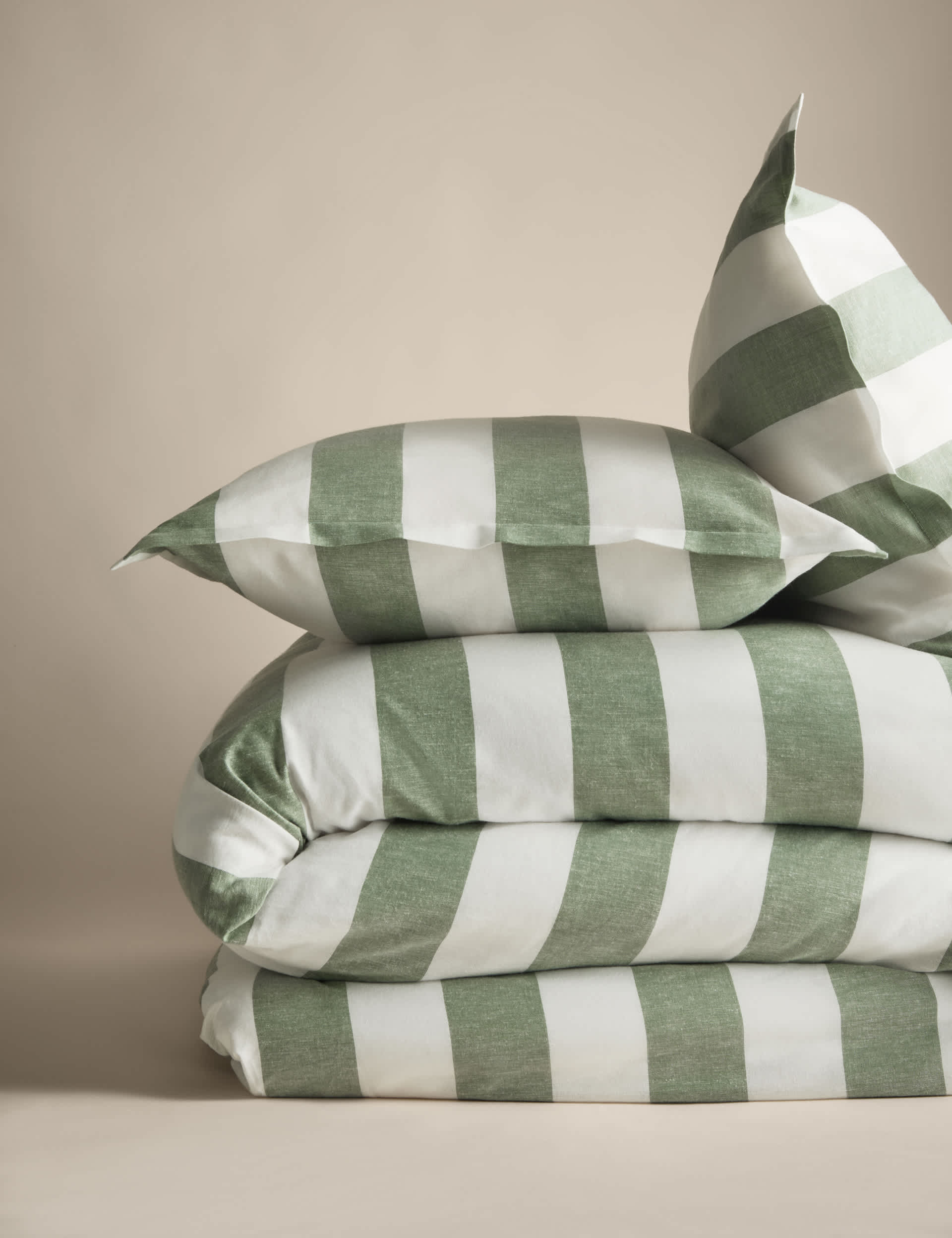 M&S Collection Linen Blend Striped Bedding Set - SGL - Green Mix, Green Mix,Silver Grey