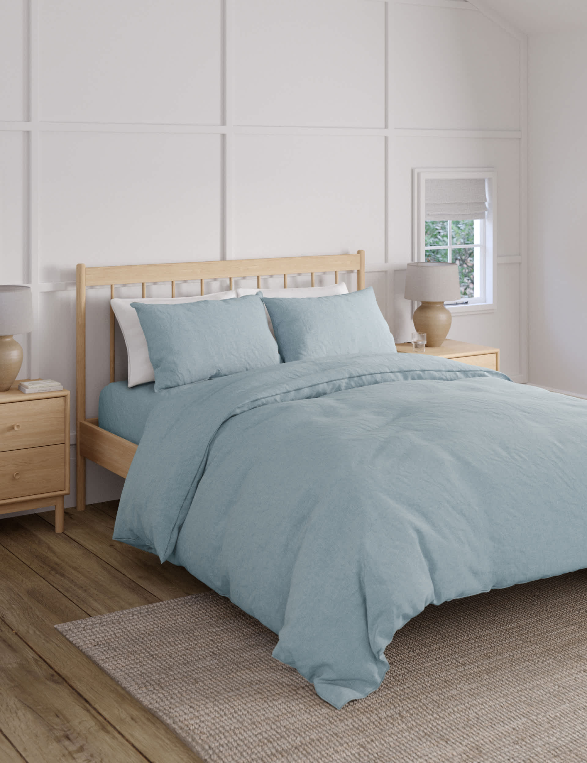 M&S Pure Linen Bedding Set - DBL - Chambray, Chambray,Sage