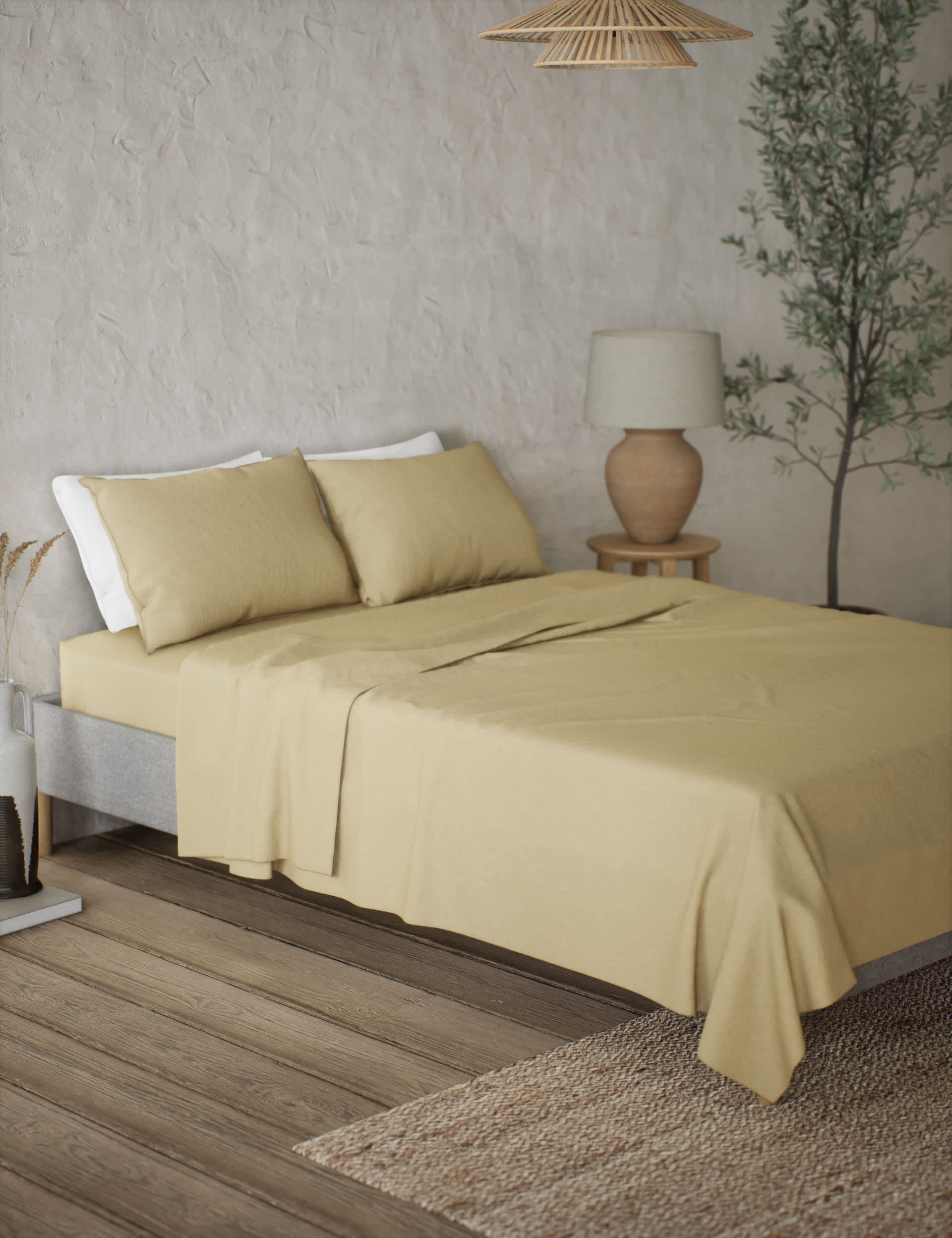 M&S Pure Linen Flat Sheet - SGL - Soft Yellow, Bright Sage,Indigo,Soft Yellow,Clay,Natural,Rich Ambe