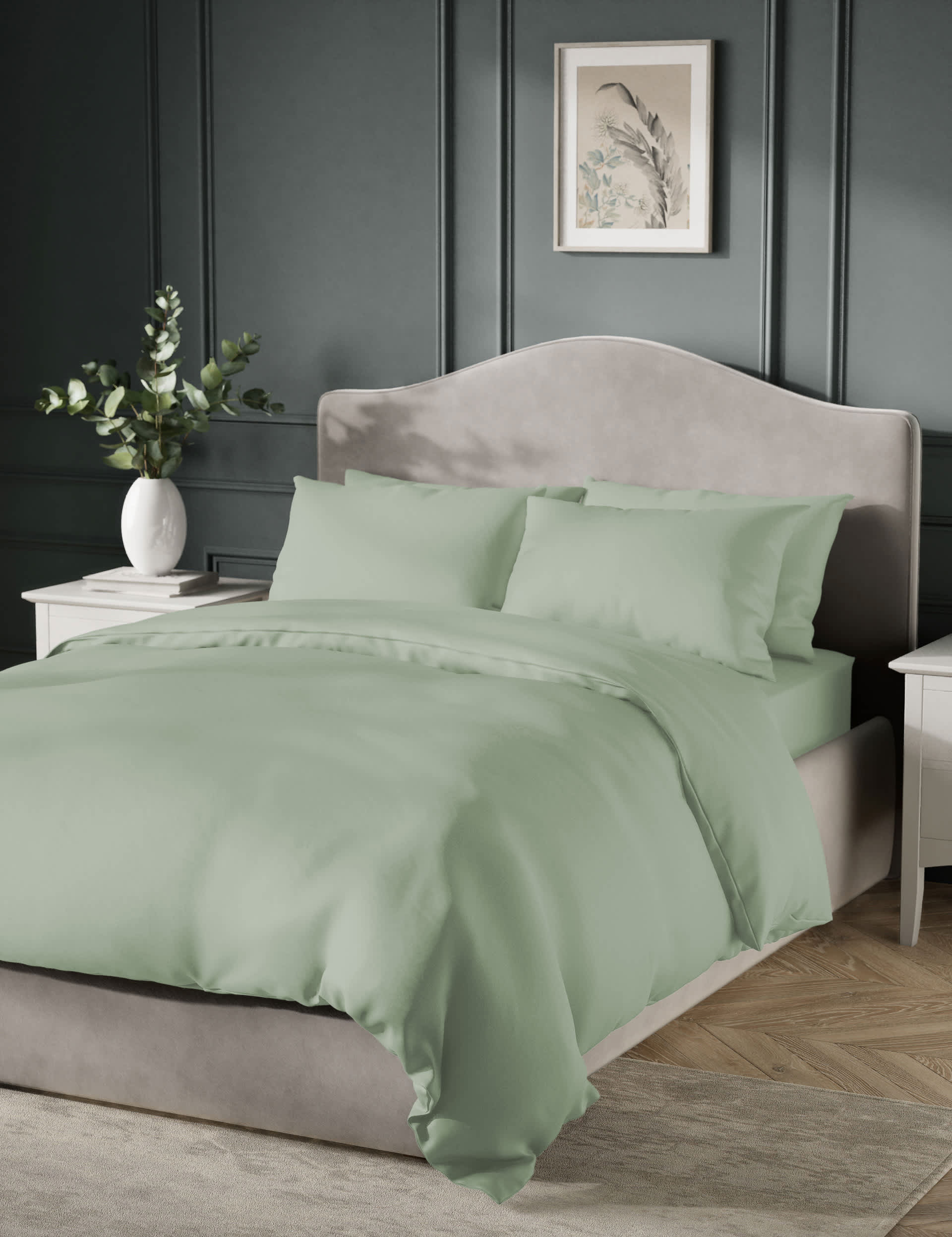 M&S Collection Pure Cotton Sateen 400 Thread Count Bedding Set - 6FT - Sage, Chambray,Light Cream,Na