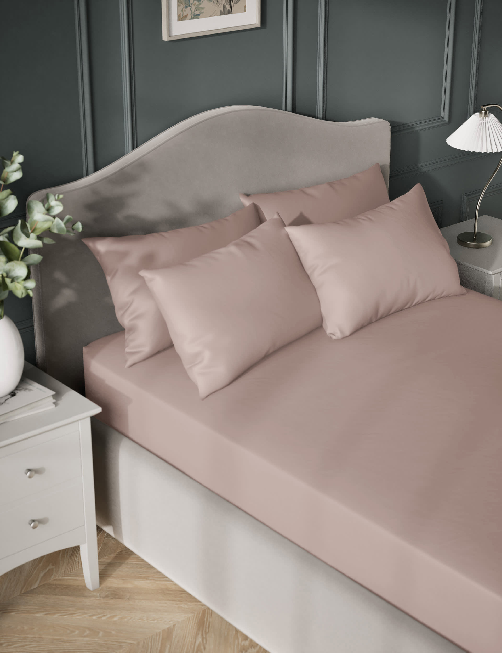 M&S Egyptian Cotton Sateen 400 Thread Count Extra Deep Fitted Sheet - 6FT - Soft Pink, Soft Pink,Pea