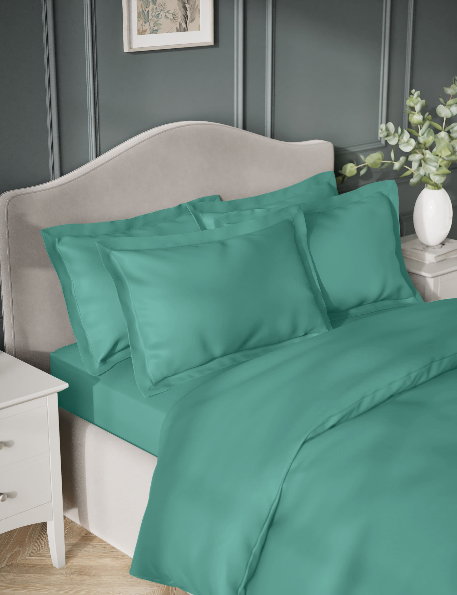 M&S Collection 2 Pack Egyptian Cotton Sateen 400 Thread Count Oxford Pillowcases - Teal, Sage,Light 