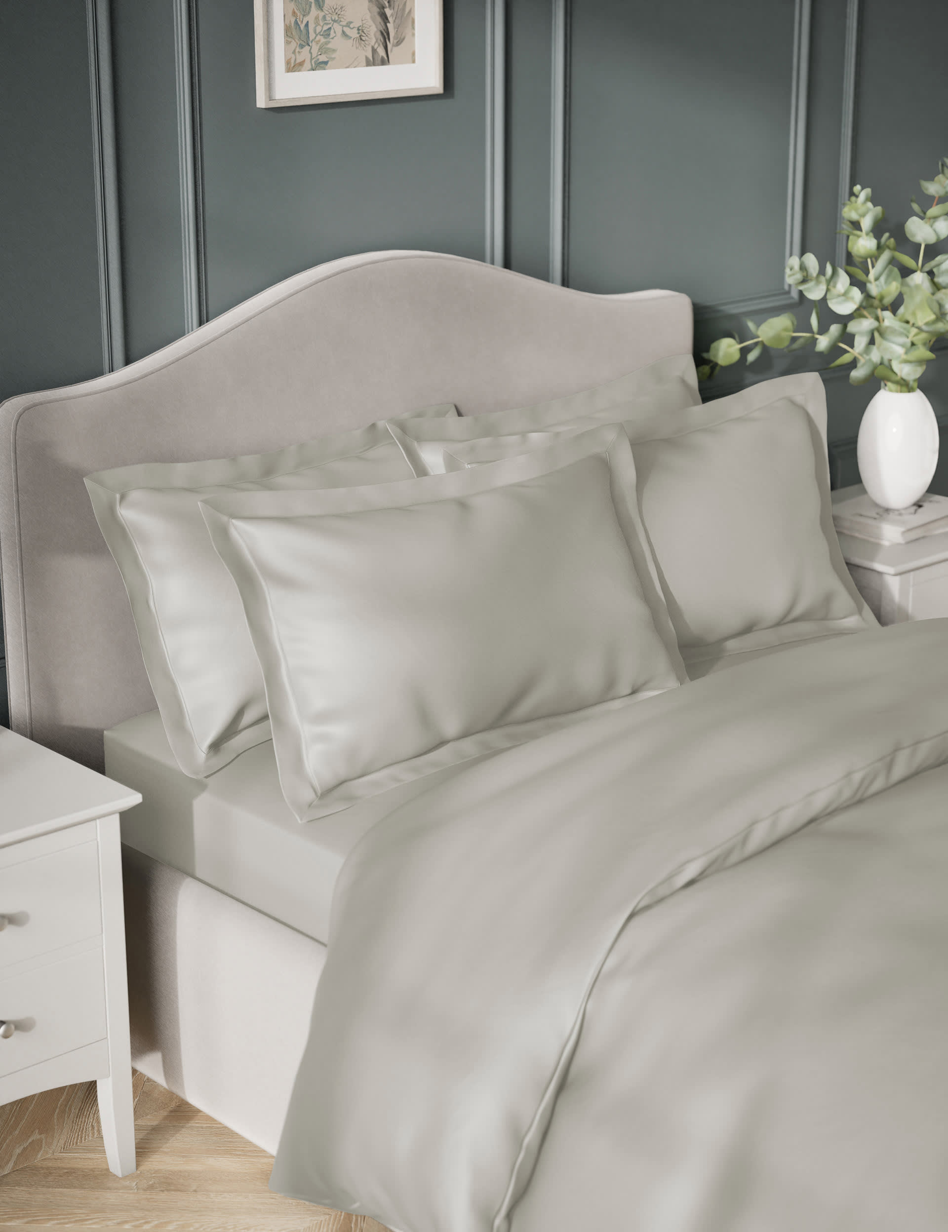 M&S 2pk Egyptian Cotton Sateen 400 Thread Count Oxford Pillowcases - Pearl Grey, Sage,Light Cream,As