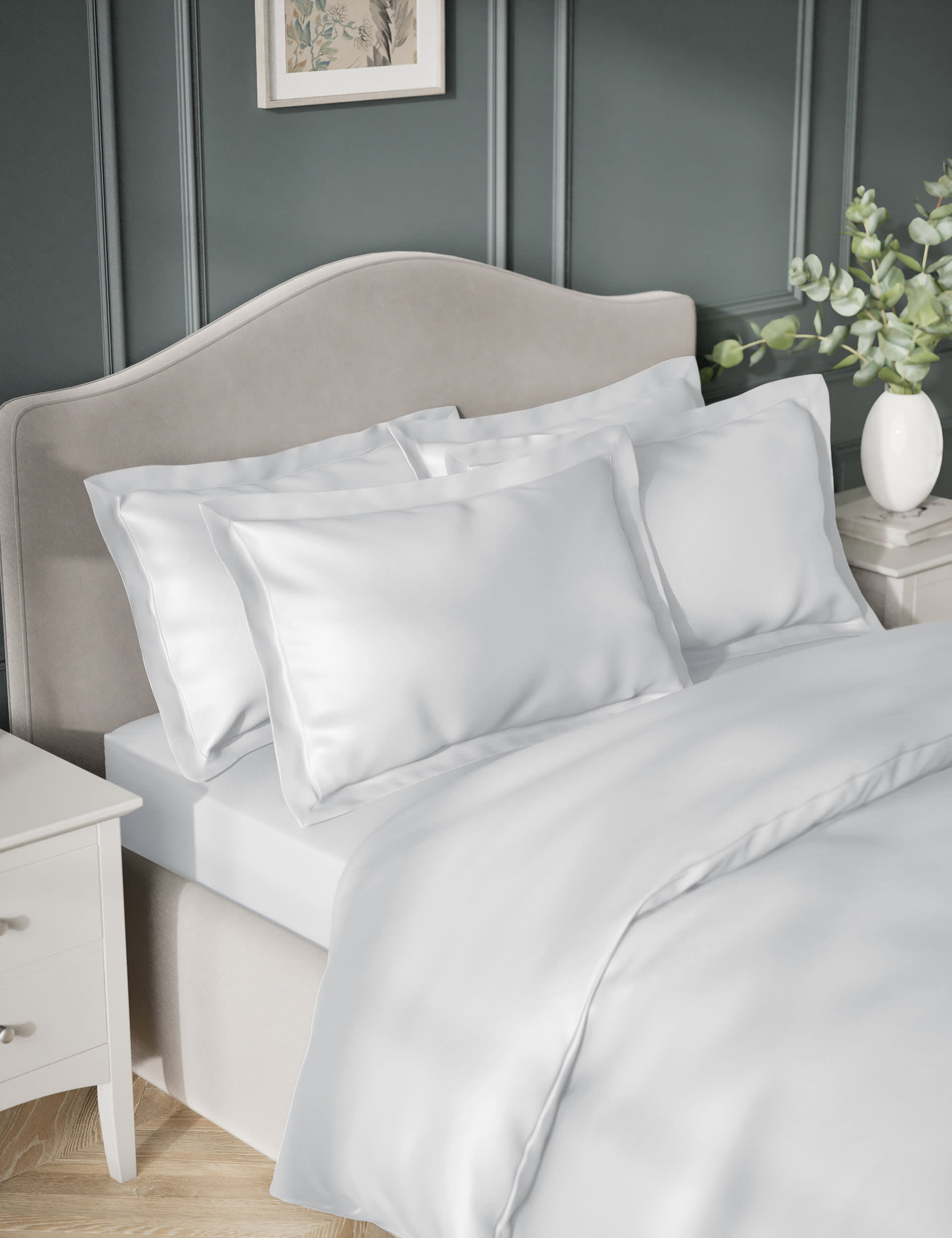 M&S 2pk Egyptian Cotton Sateen 400 Thread Count Oxford Pillowcases - White, Sage,Light Cream,Navy,As