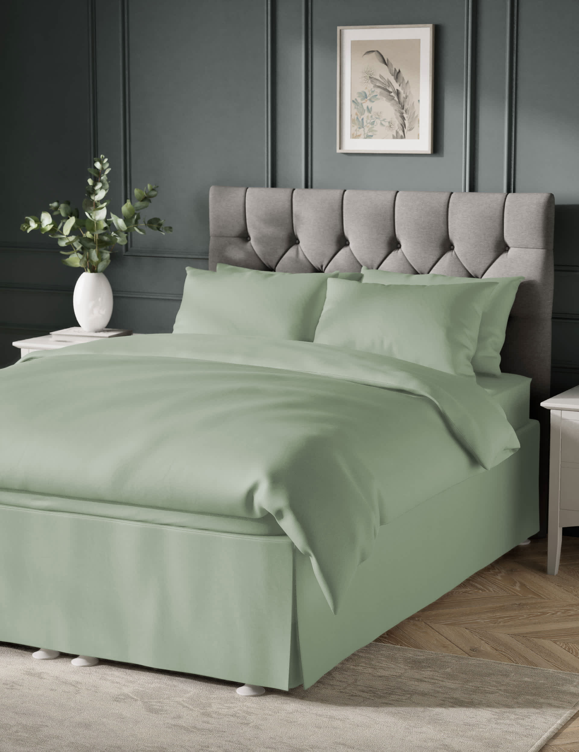 M&S Collection Pure Cotton Sateen 400 Thread Count Base Valance Sheet - DBL - Sage, Pearl Grey,Sage,