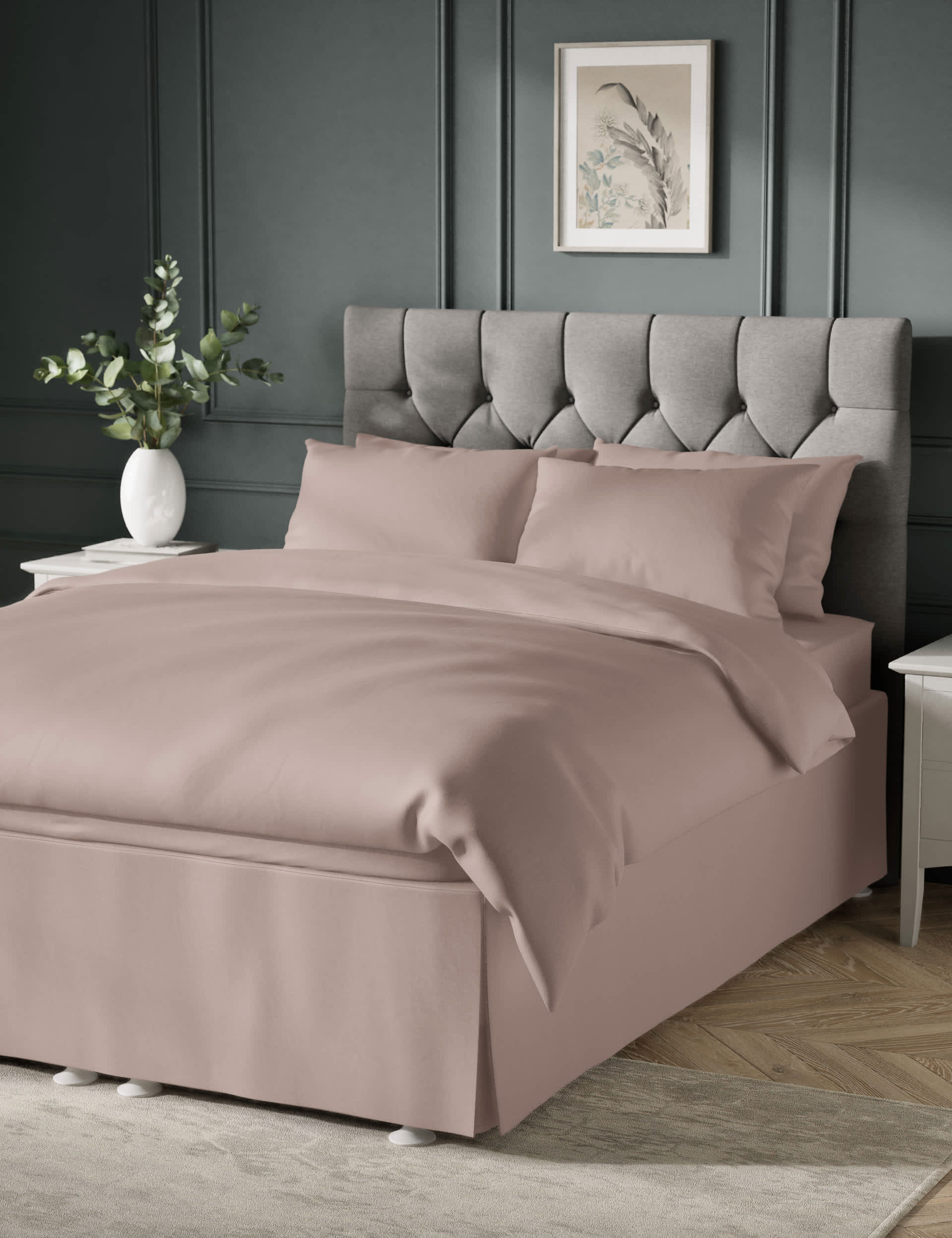 M&S Collection Pure Cotton Sateen 400 Thread Count Base Valance Sheet - SGL - Soft Pink, Sage,White,