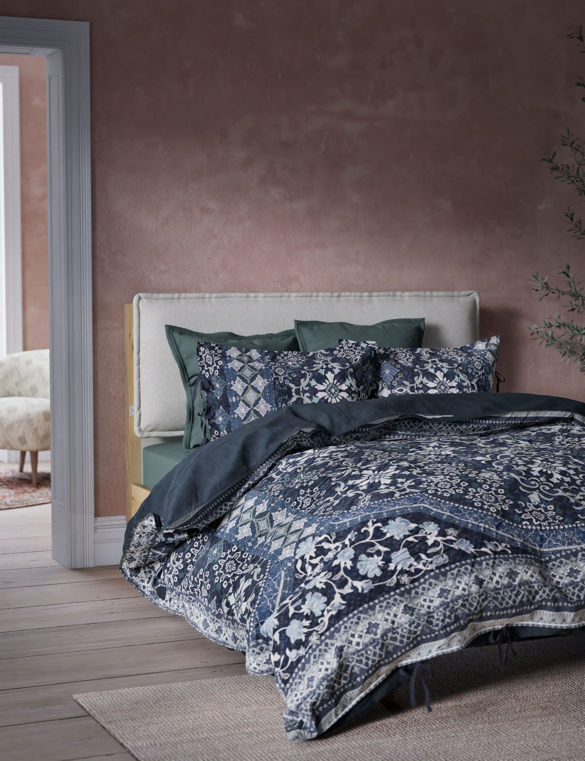 M&S X Fired Earth Jaipur Hawa Pure Cotton Bedding Set - 6FT - Under The Waves, Under The Waves