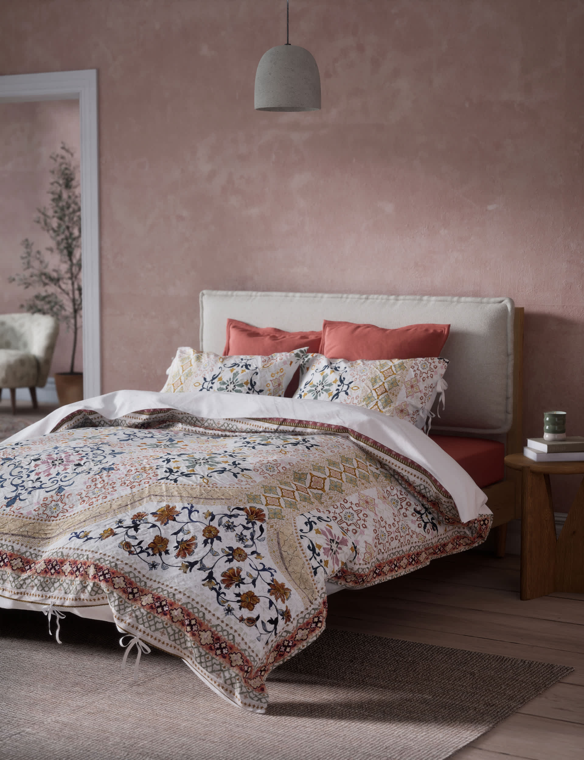 M&S X Fired Earth Jaipur Hawa Pure Cotton Bedding Set - 5FT - Dusty Cedar, Under The Waves,Dusty Ced