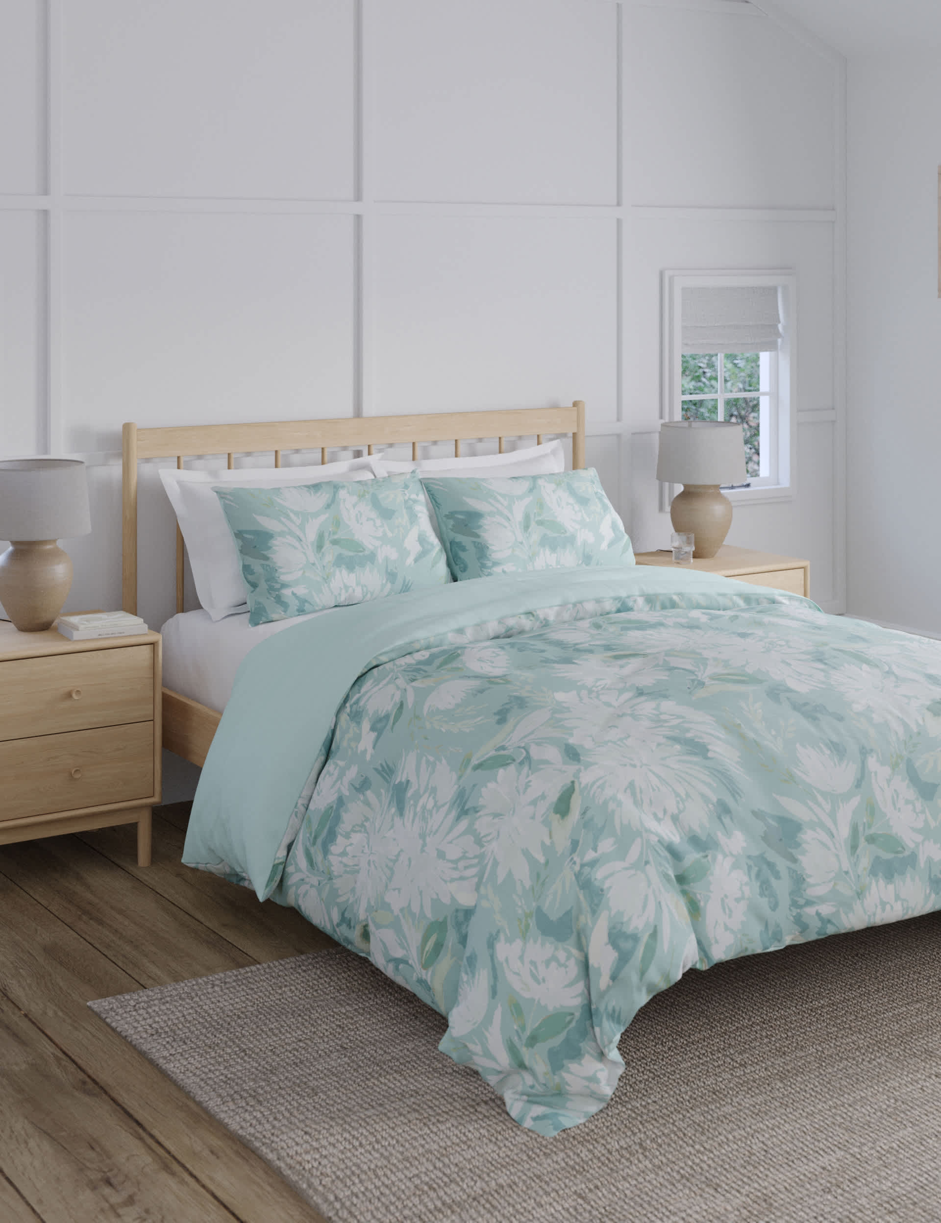 M&S Collection Pure Cotton Watercolour Floral Bedding Set - 5FT - Soft Blue Mix, Soft Blue Mix