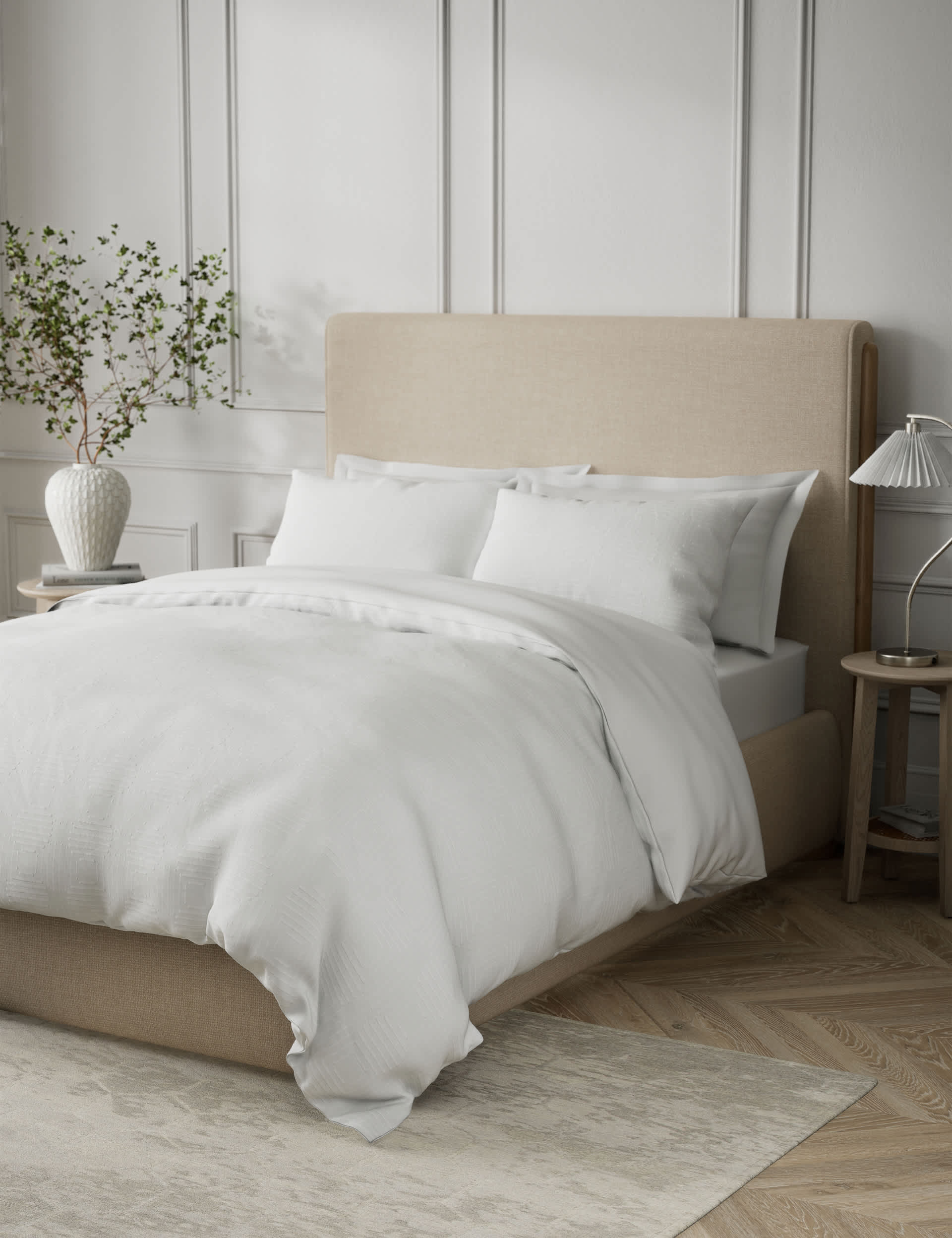 M&S Pure Cotton Geometric Jacquard Bedding Set - 5FT - White, White